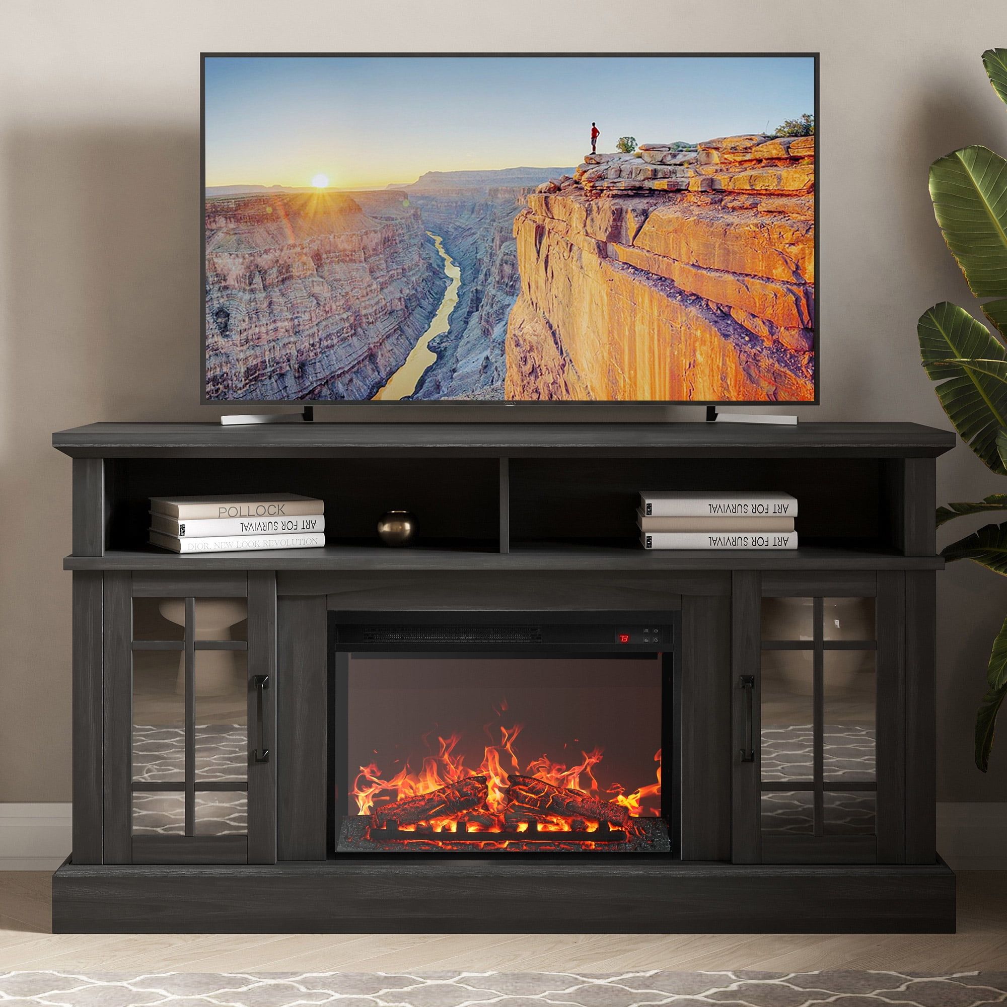 Rustic Gray 58" TV Stand with 23" Electric Fireplace and Cabinets