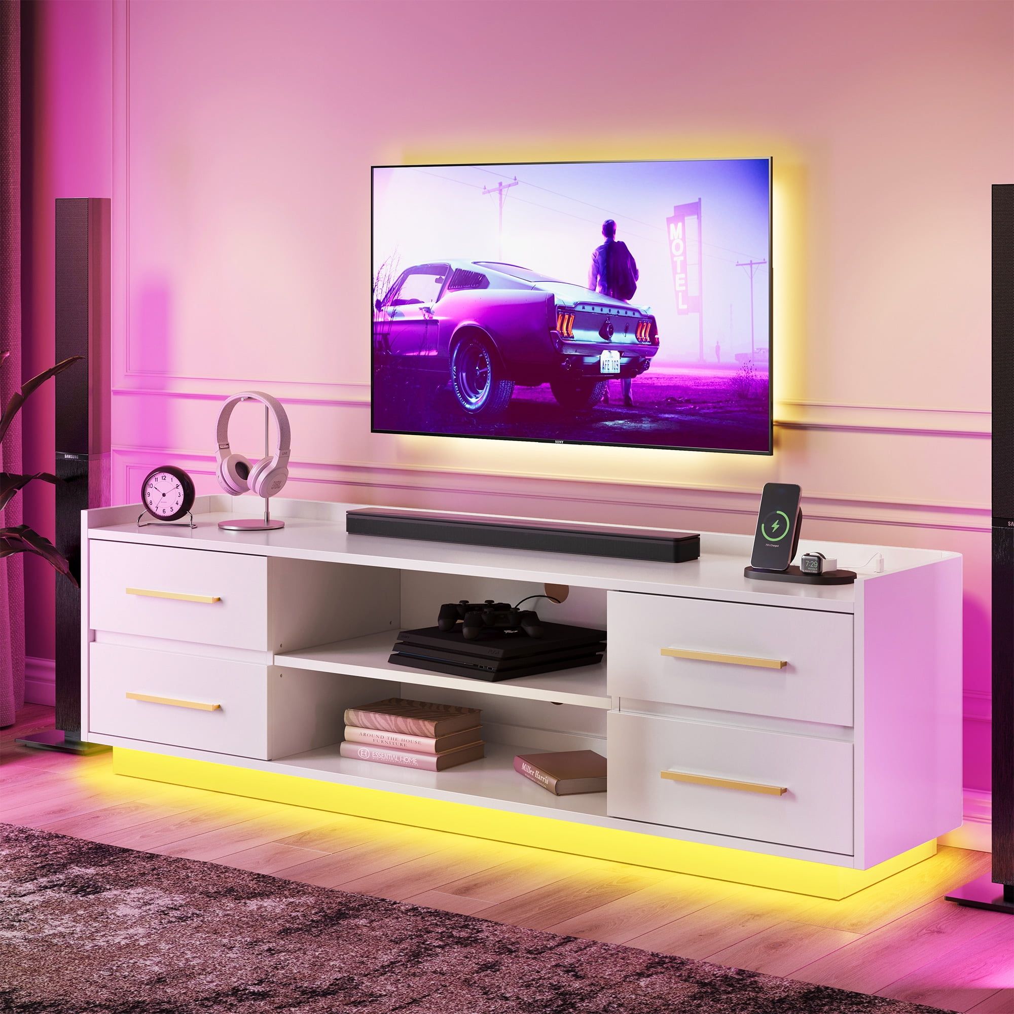 White 66" Modern TV Stand with LED Lights and Storage