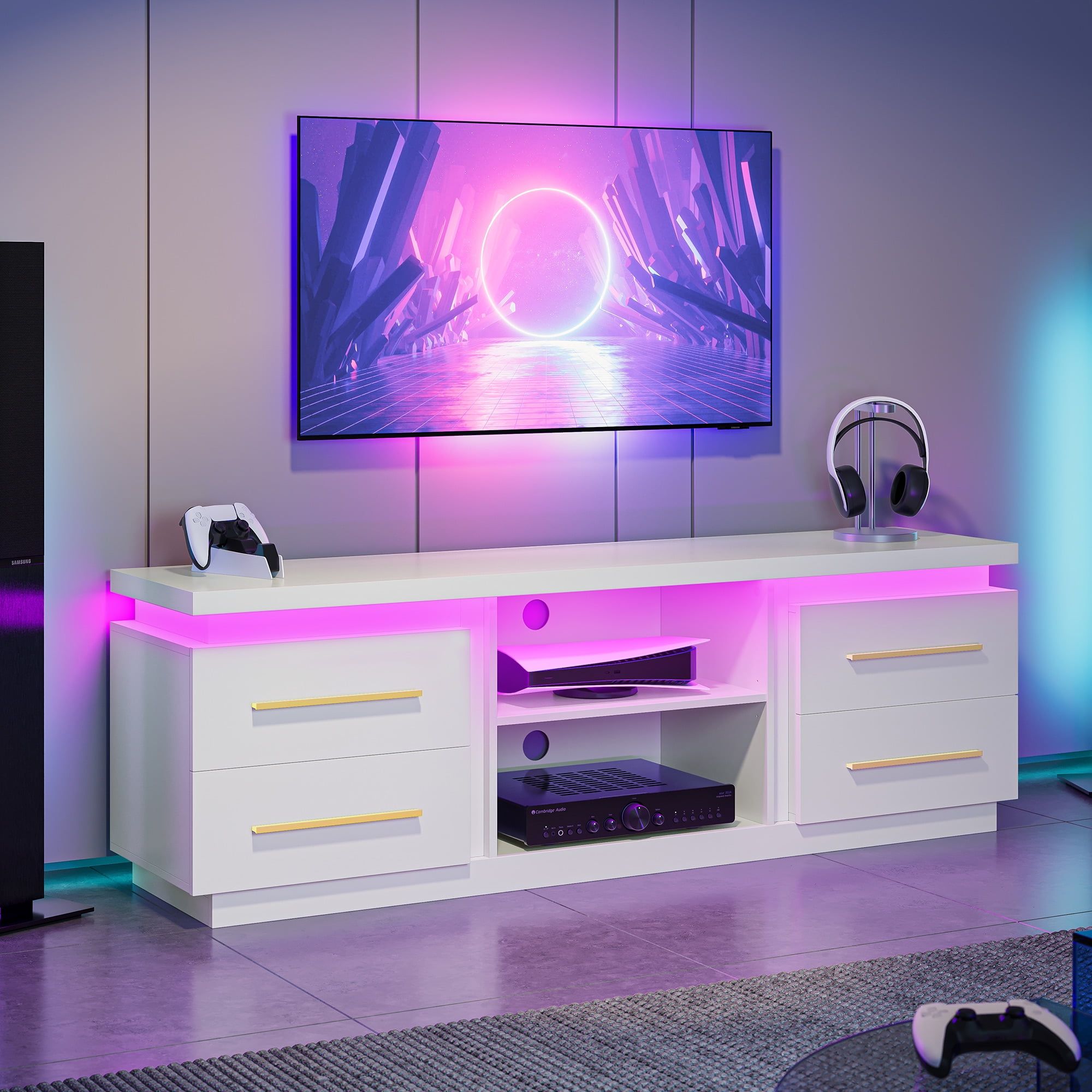 White 66" TV Stand with LED Lights and Storage Cabinet