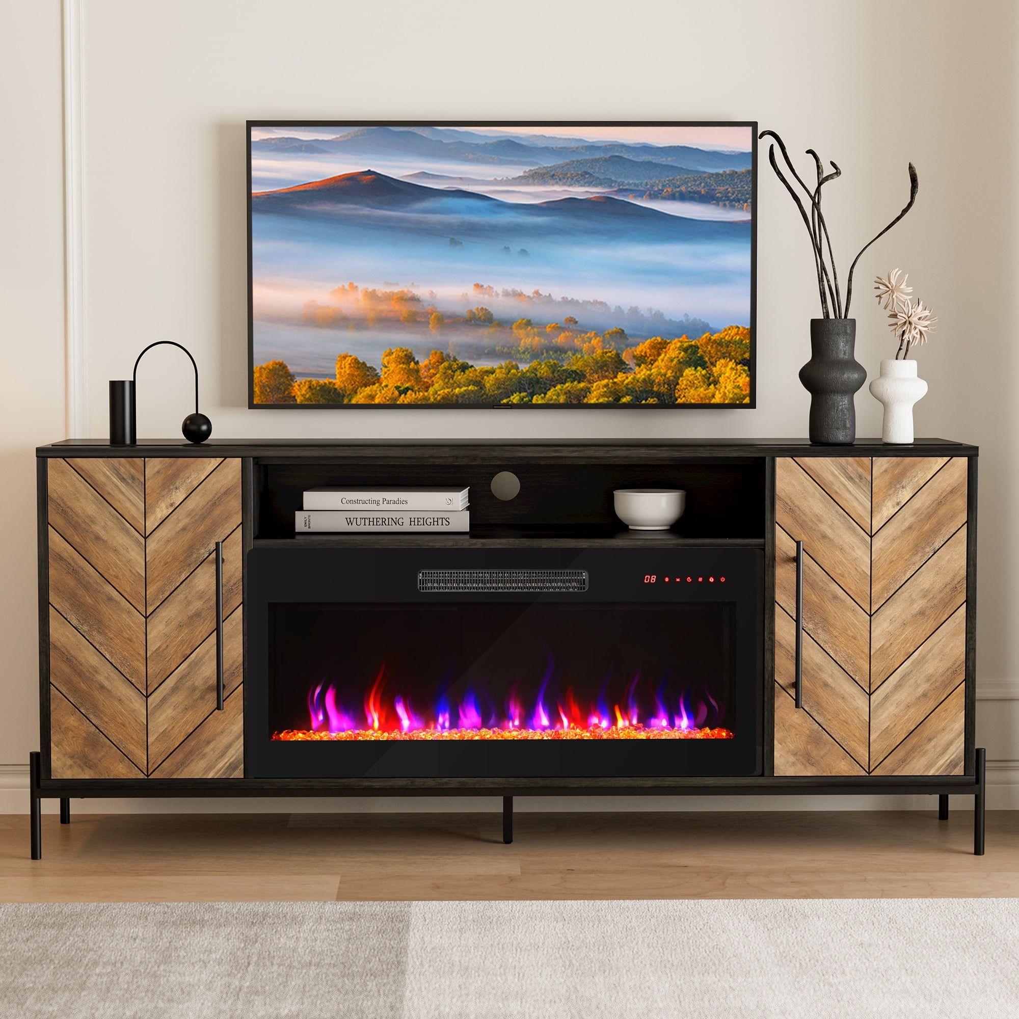 Black Ebony 68" TV Stand with Electric Fireplace and Cabinets