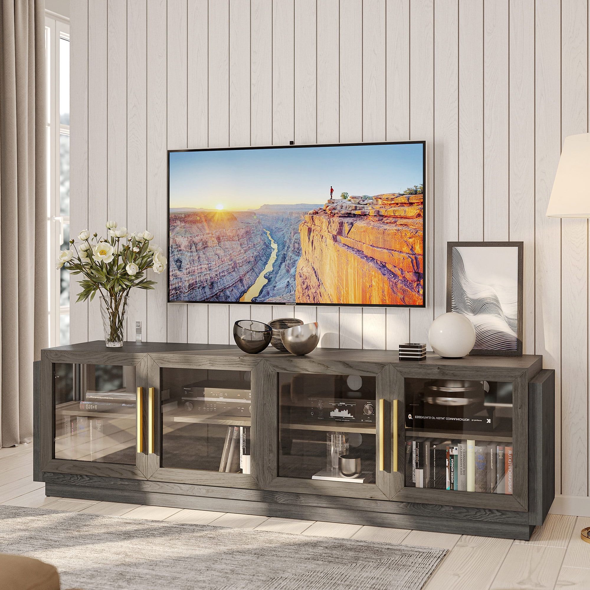 Brixston 70" Brown Wood TV Stand with Glass Doors