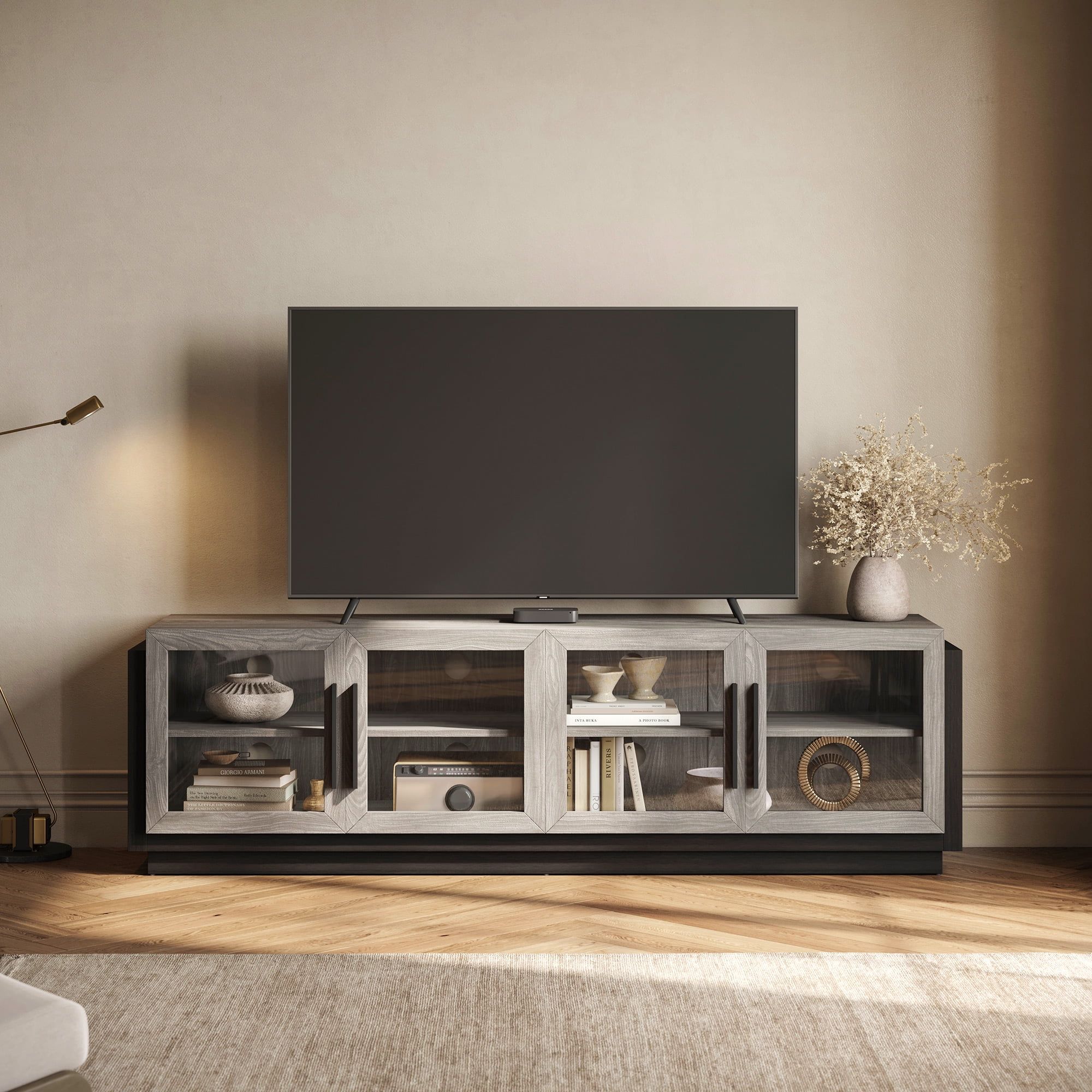 Gray 70" Modern TV Stand with Glass Cabinets