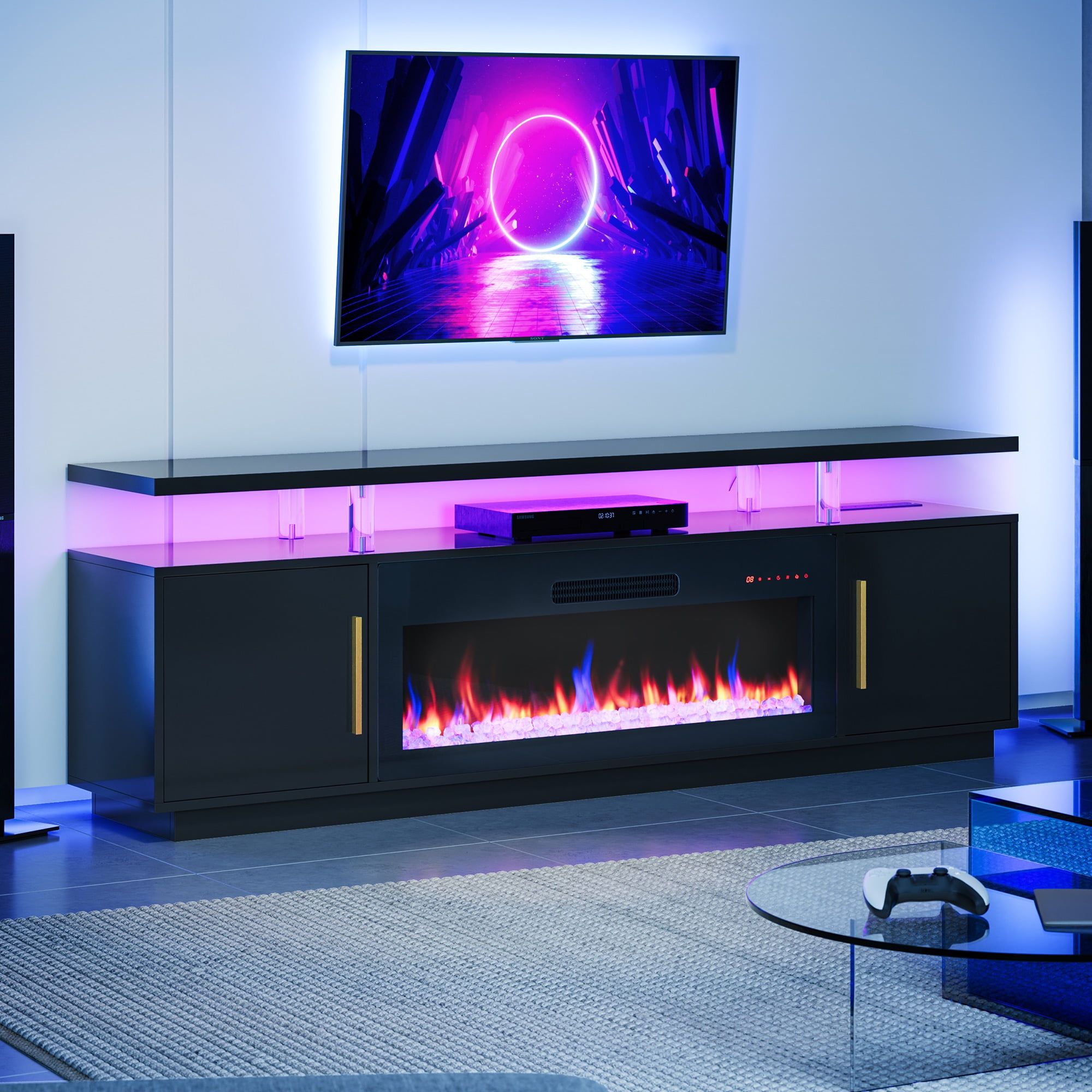 Black 79" TV Stand with LED Lights and Electric Fireplace