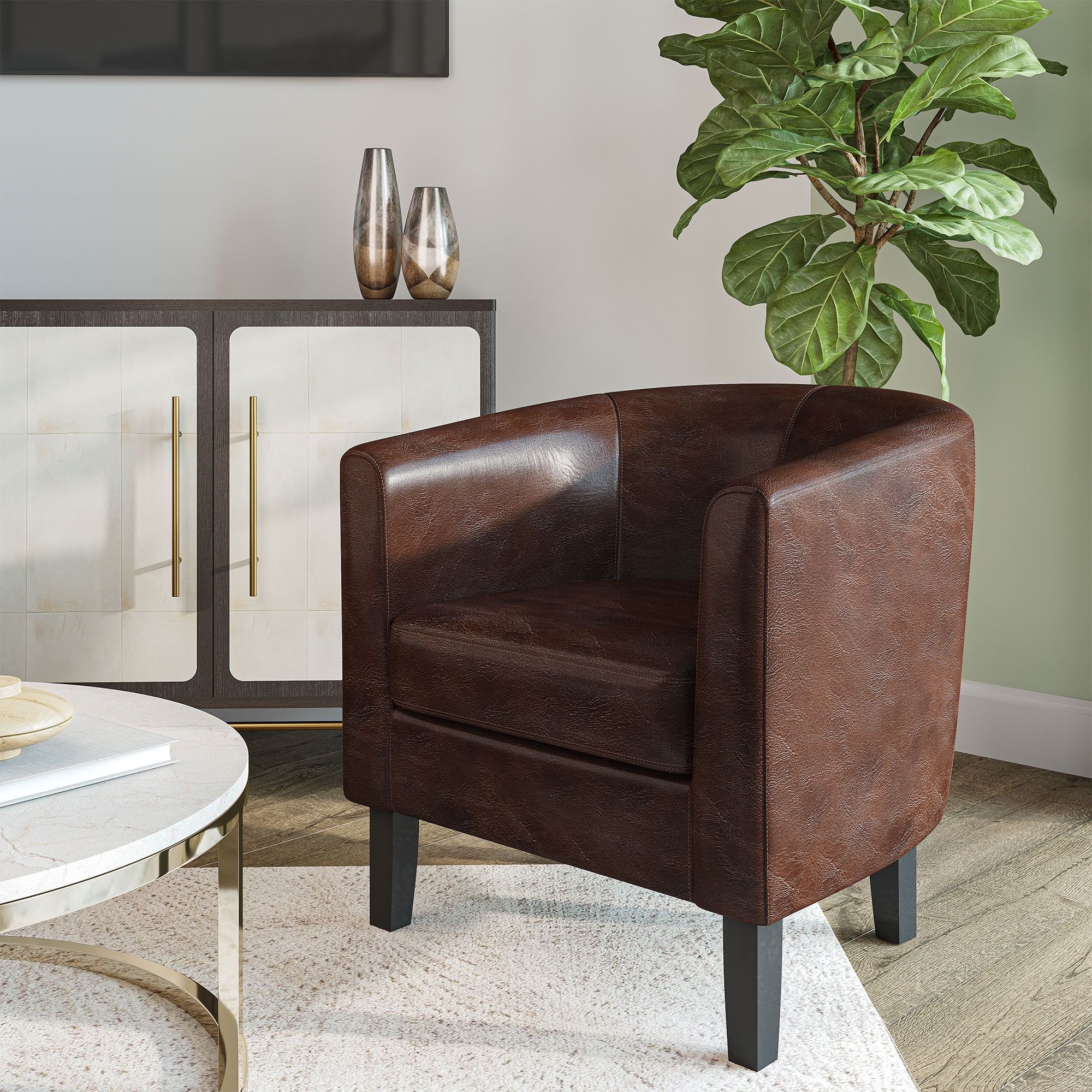 Modern Caramel Barrel Accent Chair in Faux Leather