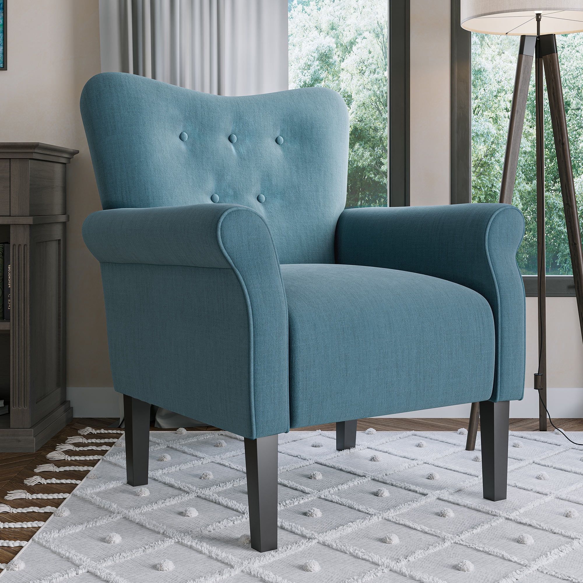 Baby Blue Floral Upholstered Wood Accent Chair