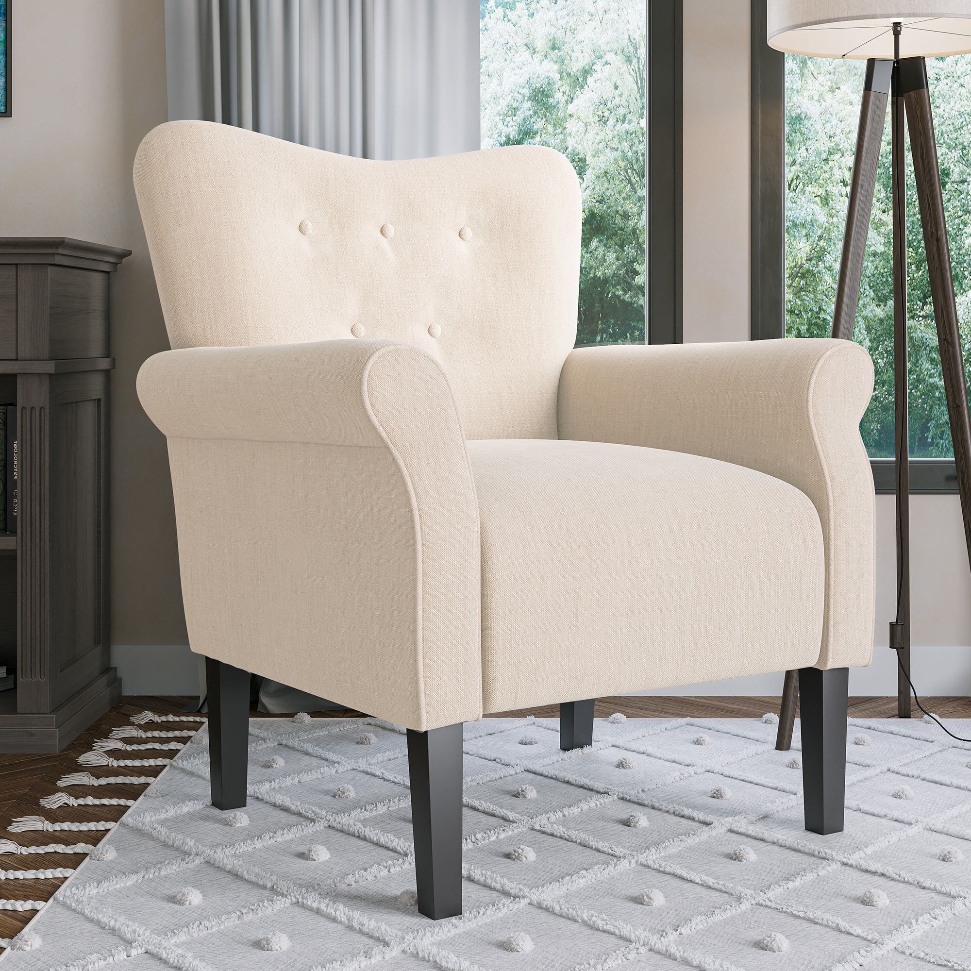 Elegant Cream Tufted Back Wood Accent Chair with Arm Rest