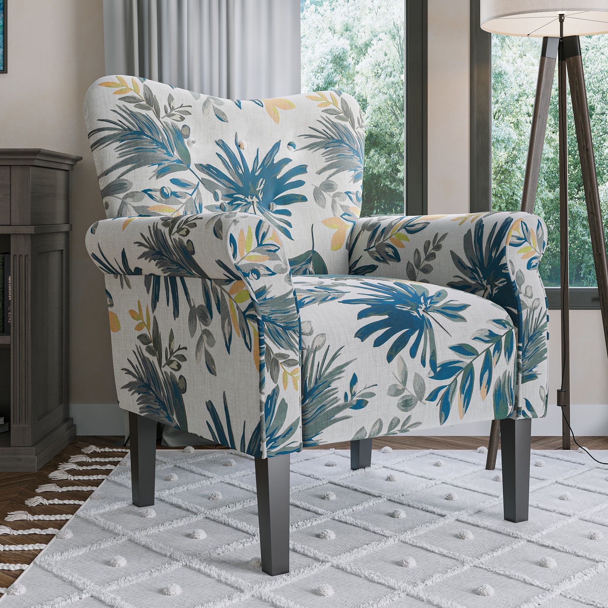 Blue Floral Wingback Accent Chair with Dark Wood Legs