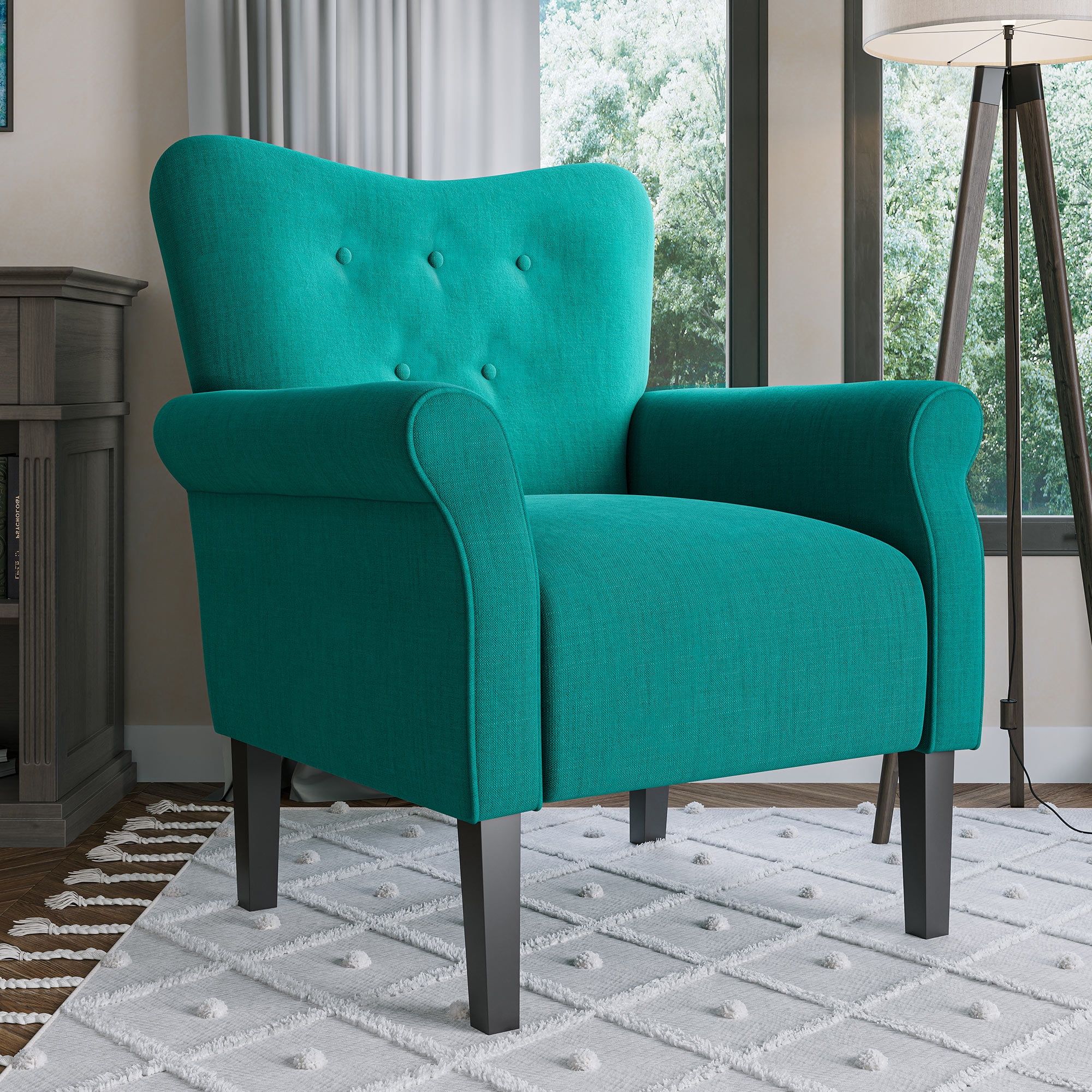 Teal Tufted Back Wood Frame Accent Chair with Arm Rest