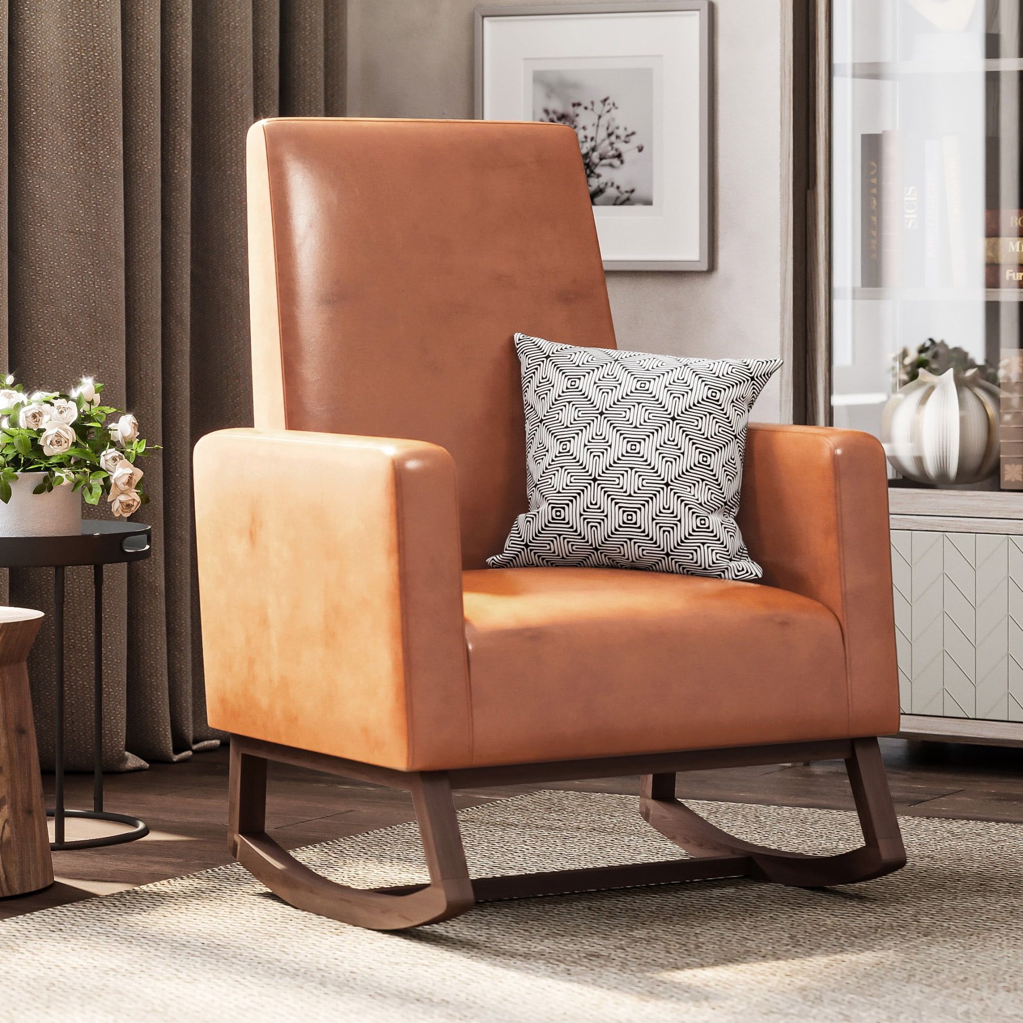 Caramel Faux Leather Mid-Century Modern Rocking Chair