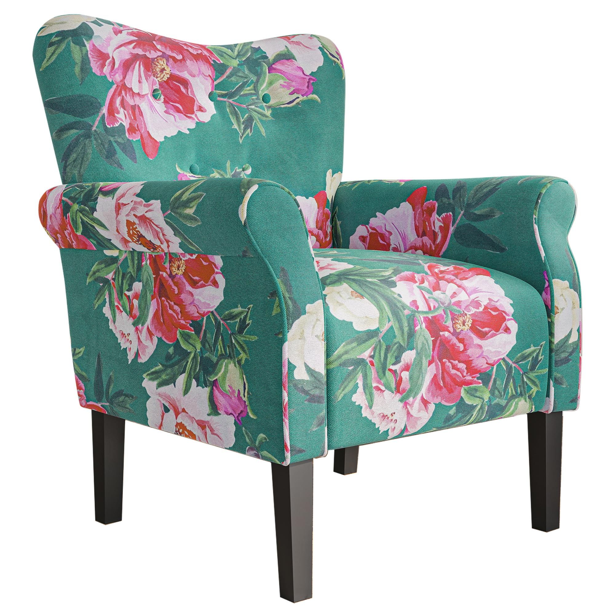 Green Floral Linen Barrel Accent Chair with Wooden Legs