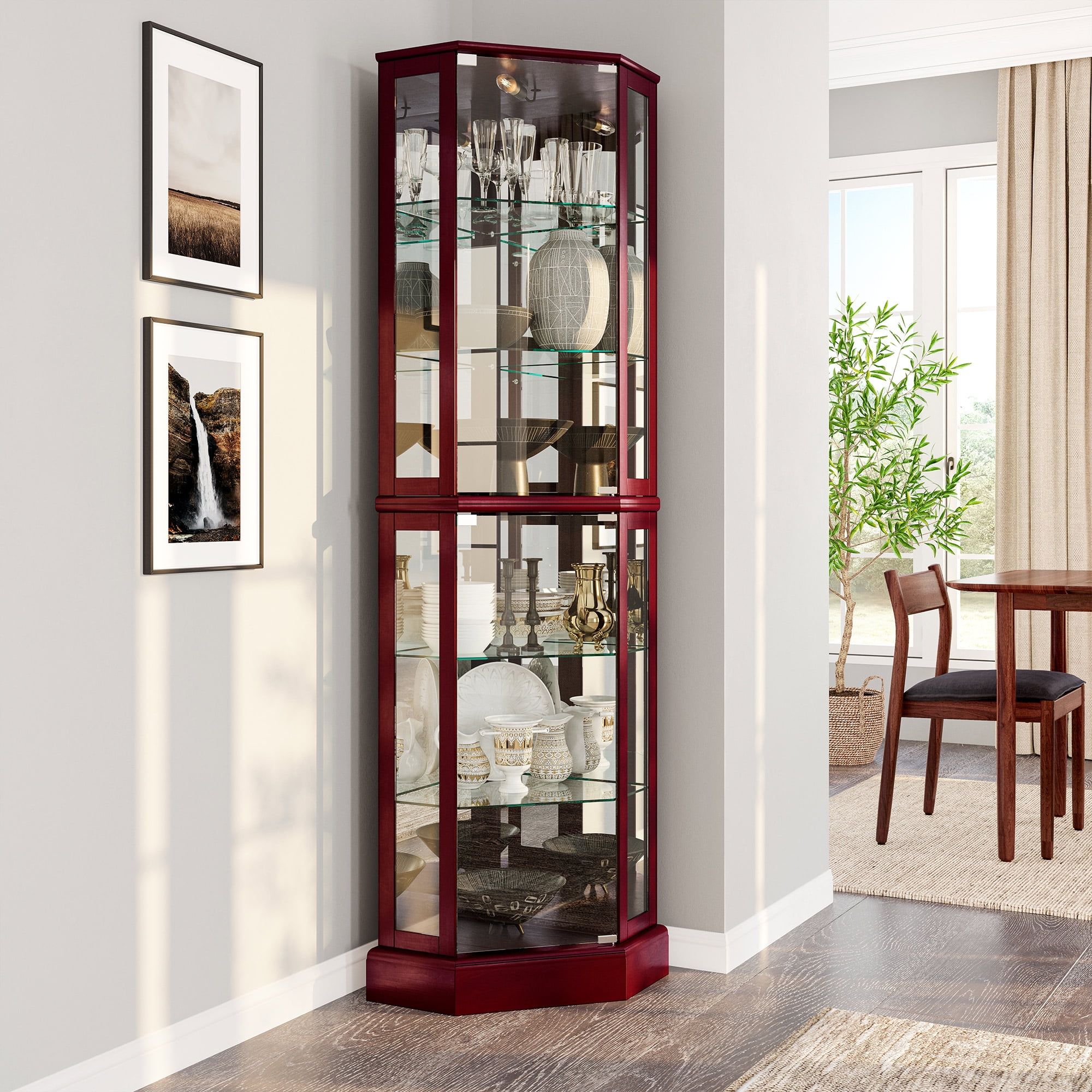 Cherry Lighted Corner Curio Cabinet with Glass Shelves