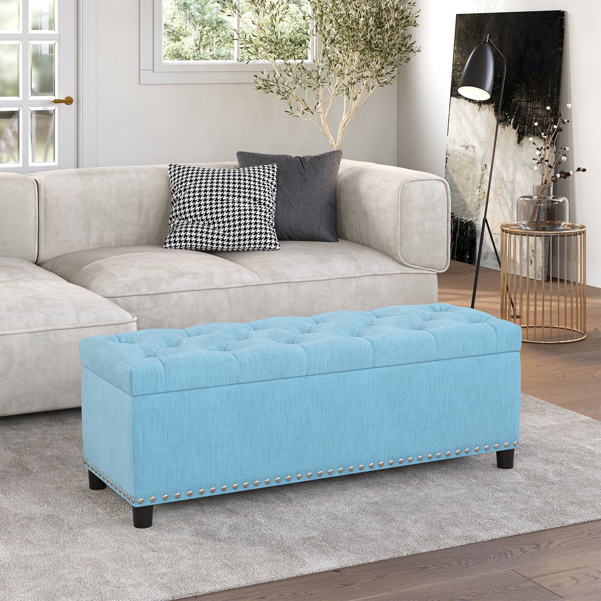 Modern Tufted Linen Storage Ottoman in Cool Blue