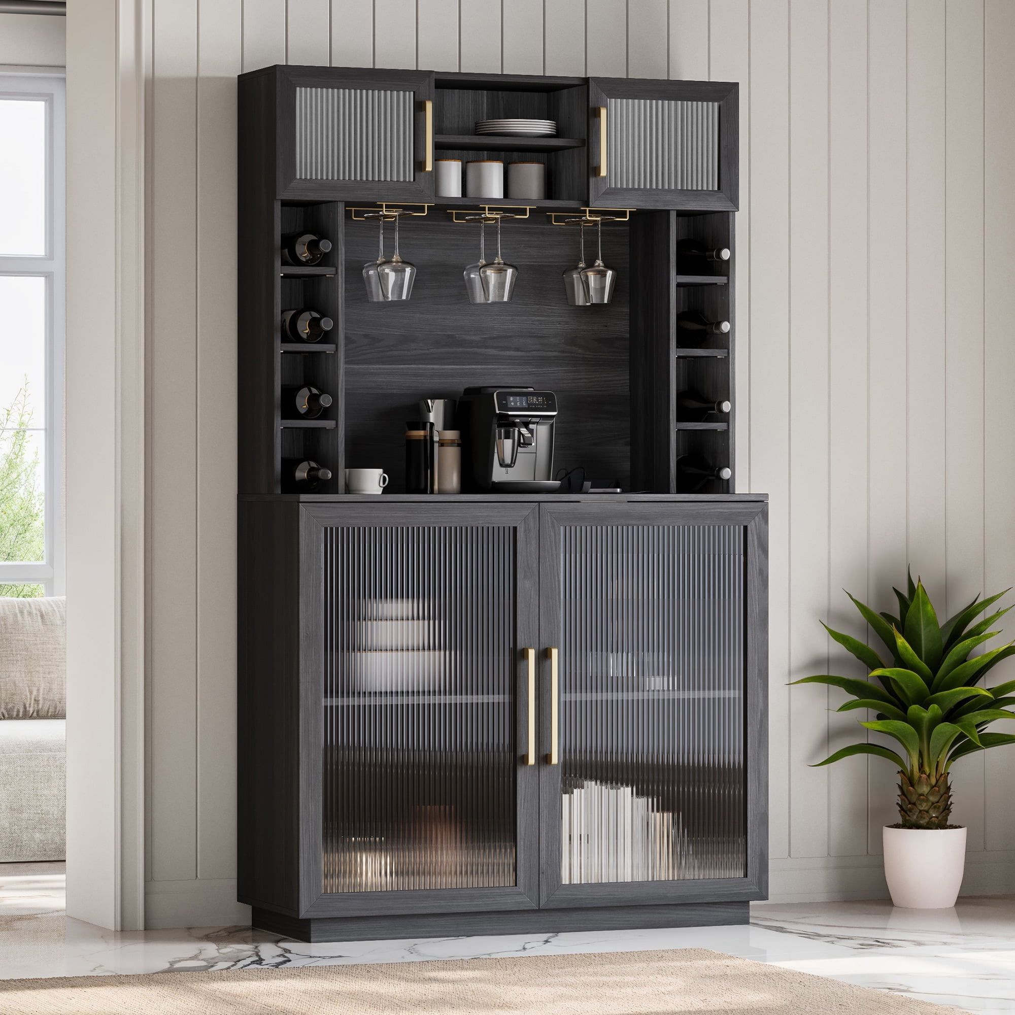 Ebony Tall Rustic Wood Wine Bar Cabinet with Hutch and Storage