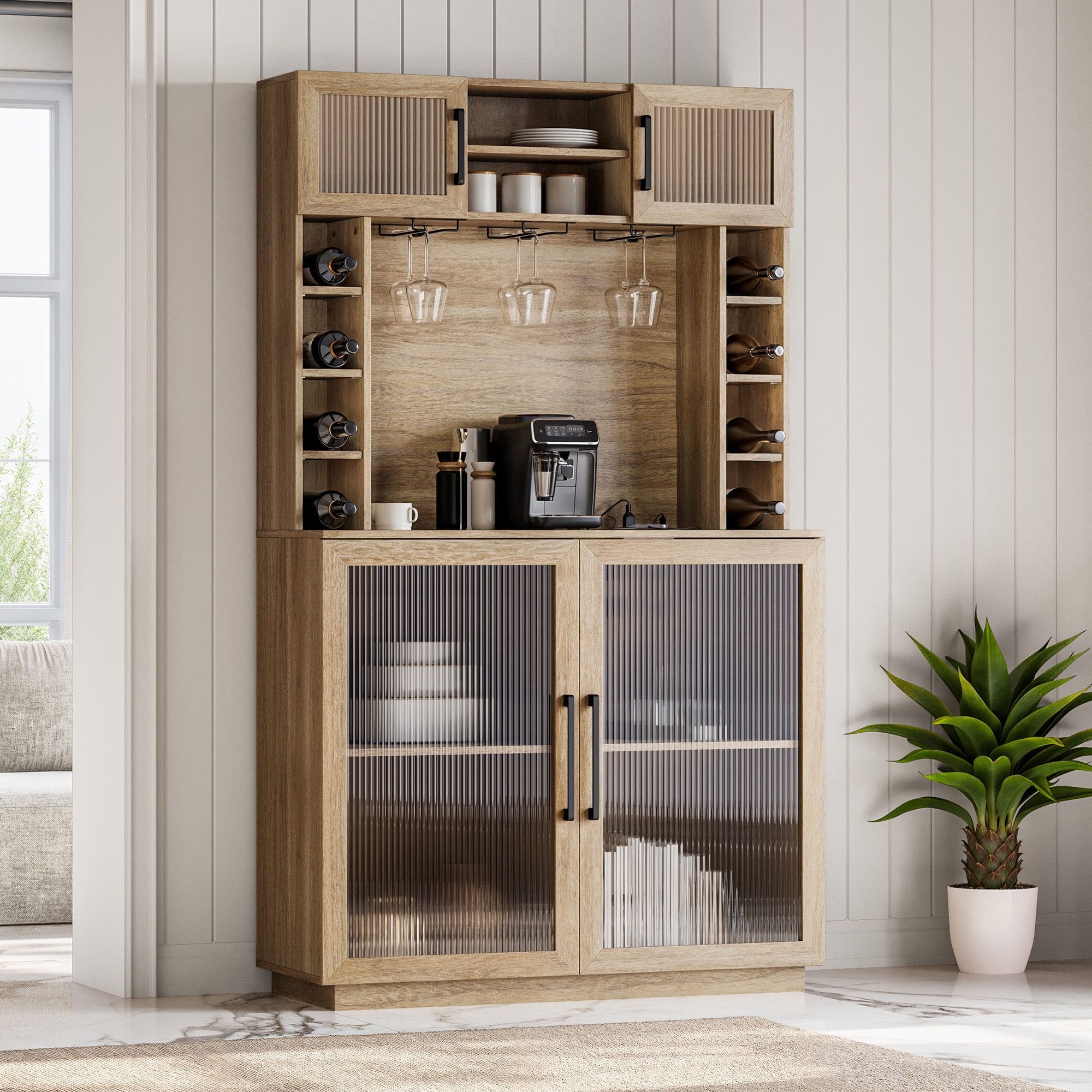 Camel Tall Rustic Wood Wine Bar Cabinet with Hutch and Glass Doors