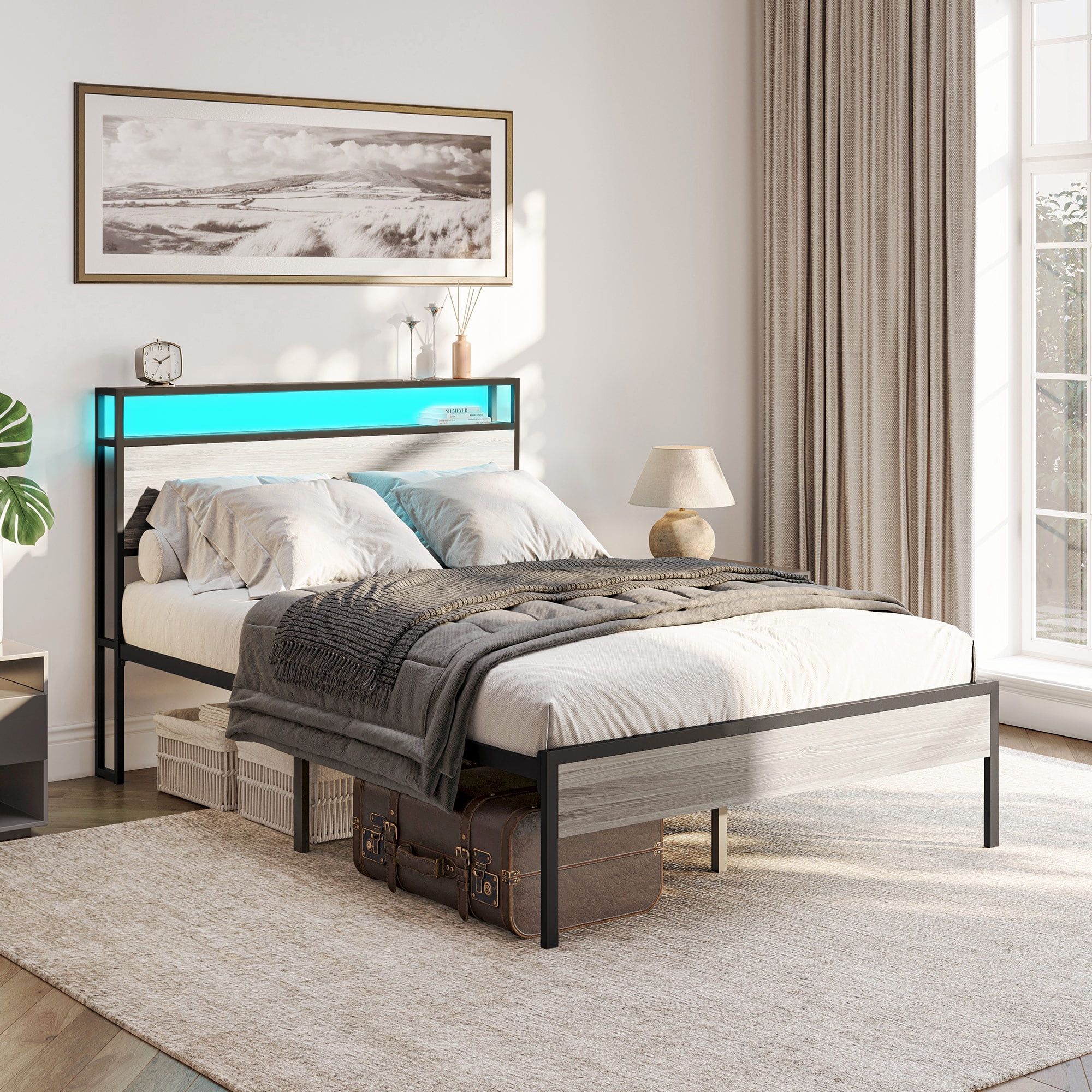 Gray Full Size Metal Bed Frame with LED Lighted Headboard and Storage