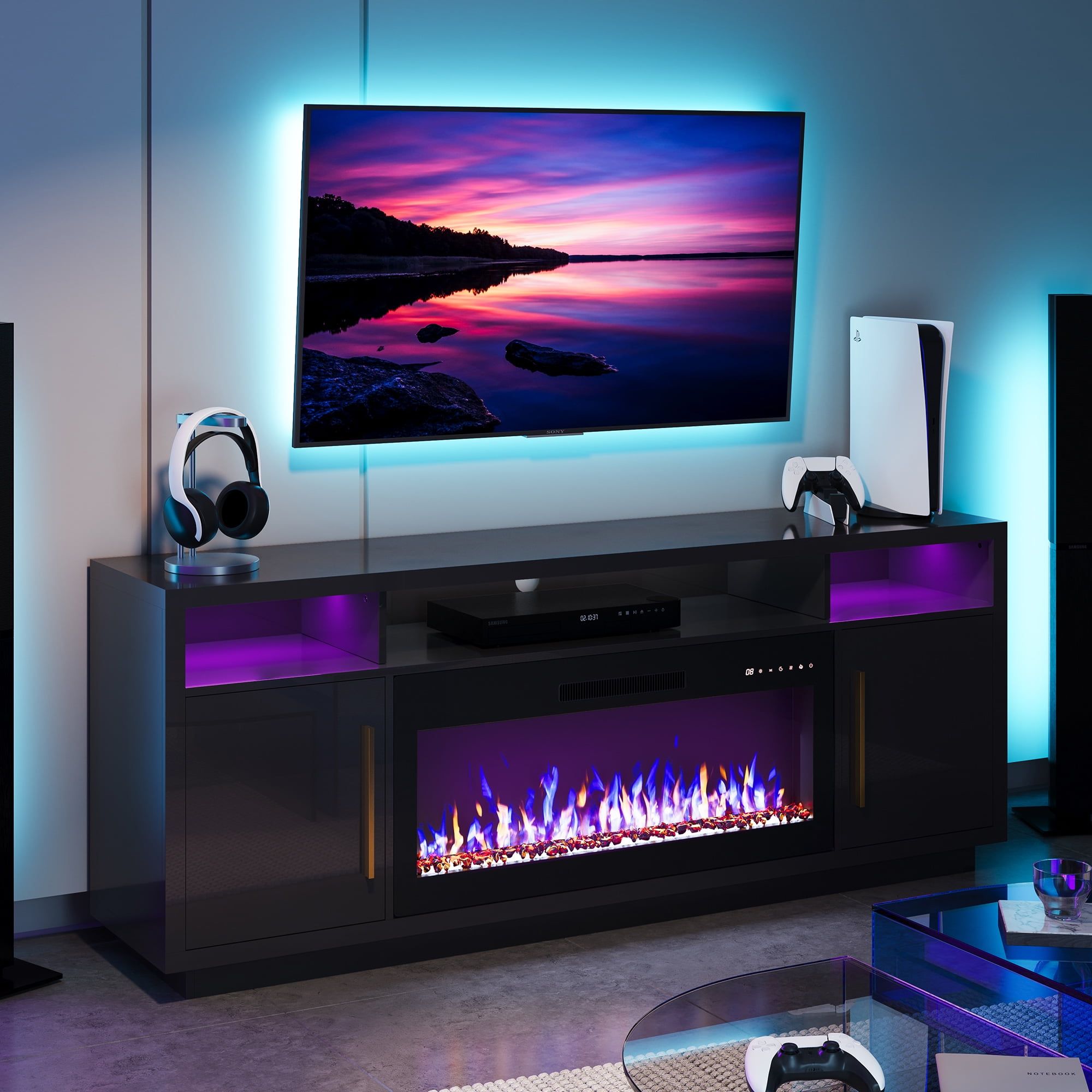 Black 70" Modern Fireplace TV Stand with LED Lighting