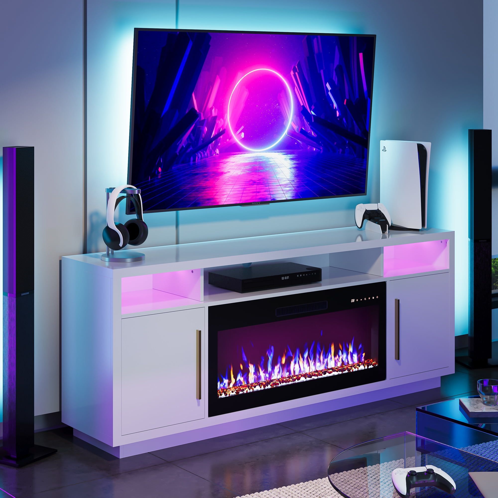 White 70" Modern TV Stand with Electric Fireplace and Storage