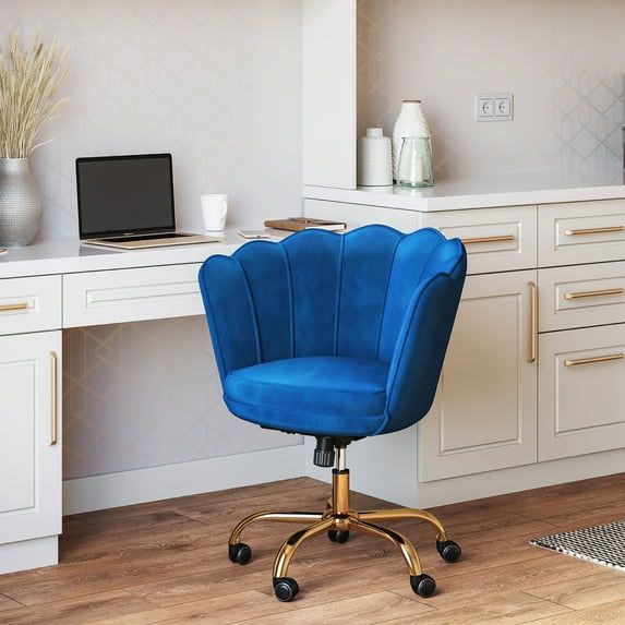 Modern Blue Velvet Task Chair with Gold Swivel Base