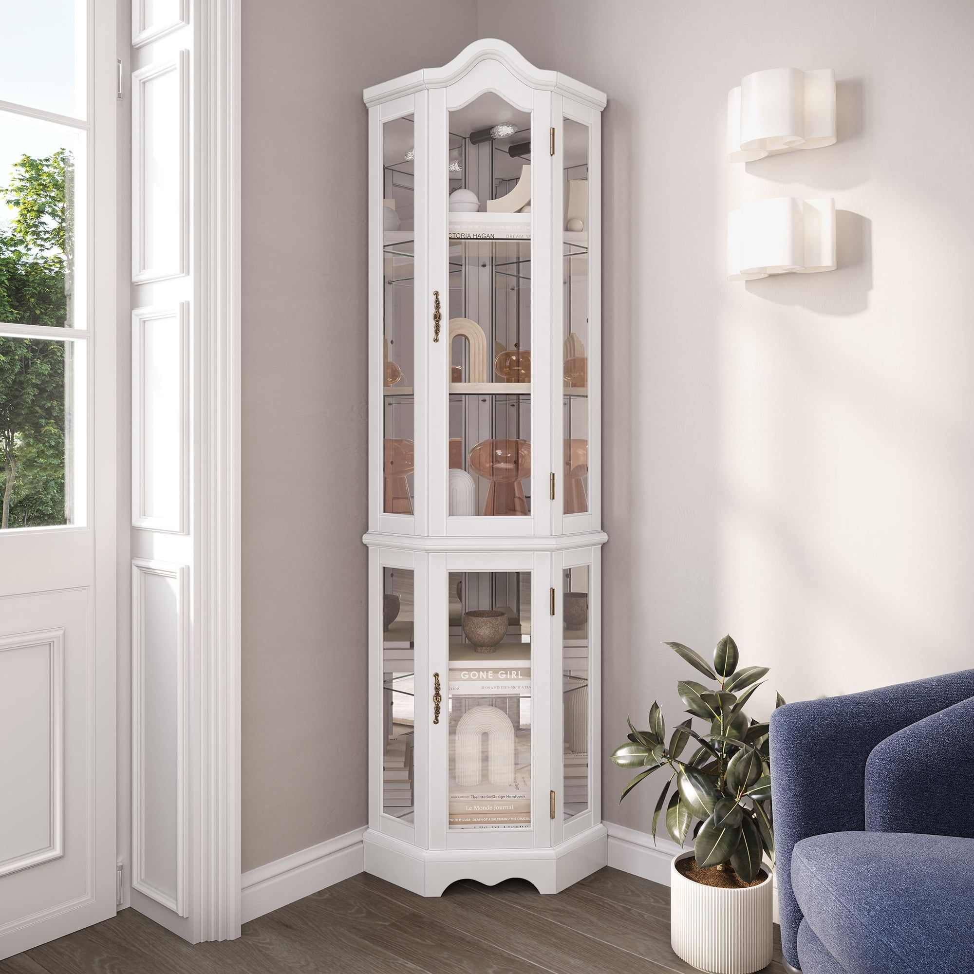 White Lighted Corner Curio Cabinet with Glass Doors and Shelves