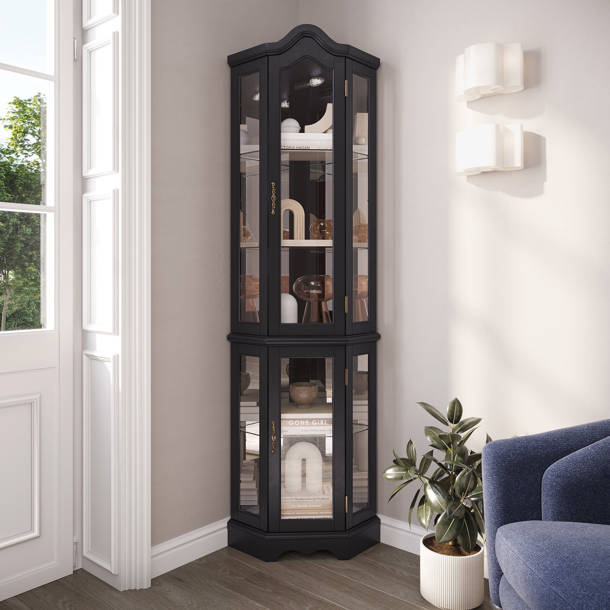Black Lighted Corner Curio Cabinet with Glass Doors and Shelves