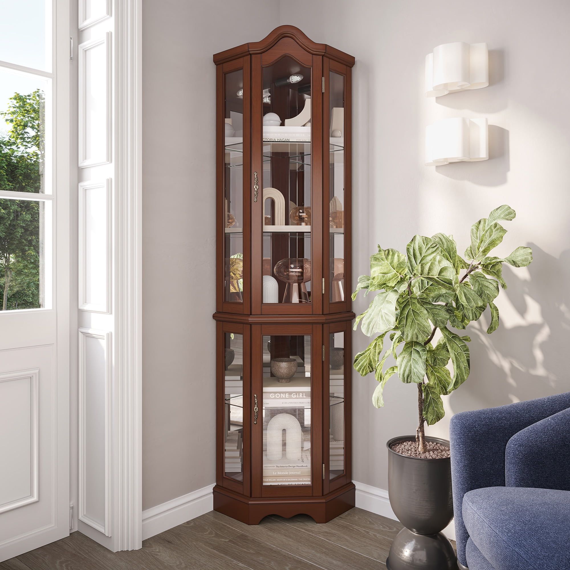 Walnut Corner Lighted Curio Cabinet with Glass Doors