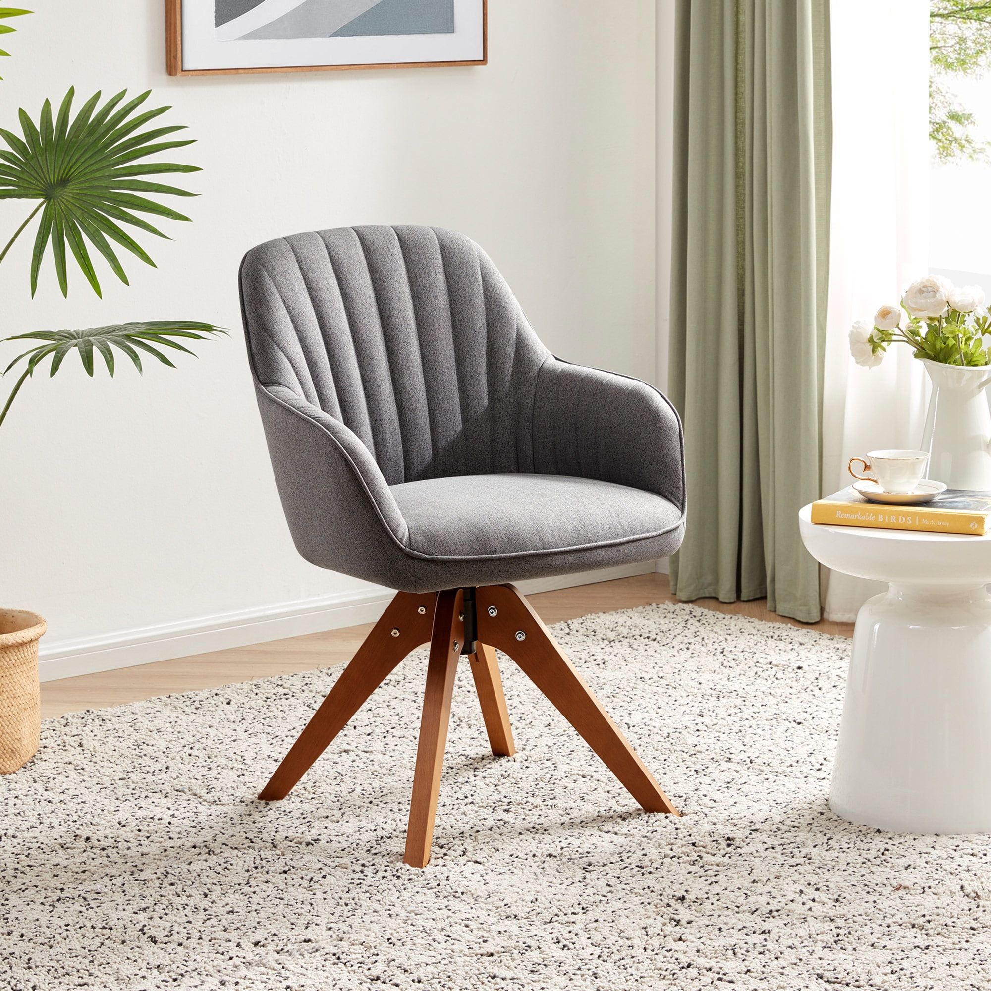 Gray Suede Swivel Task Chair with Dark Oak Wood Legs