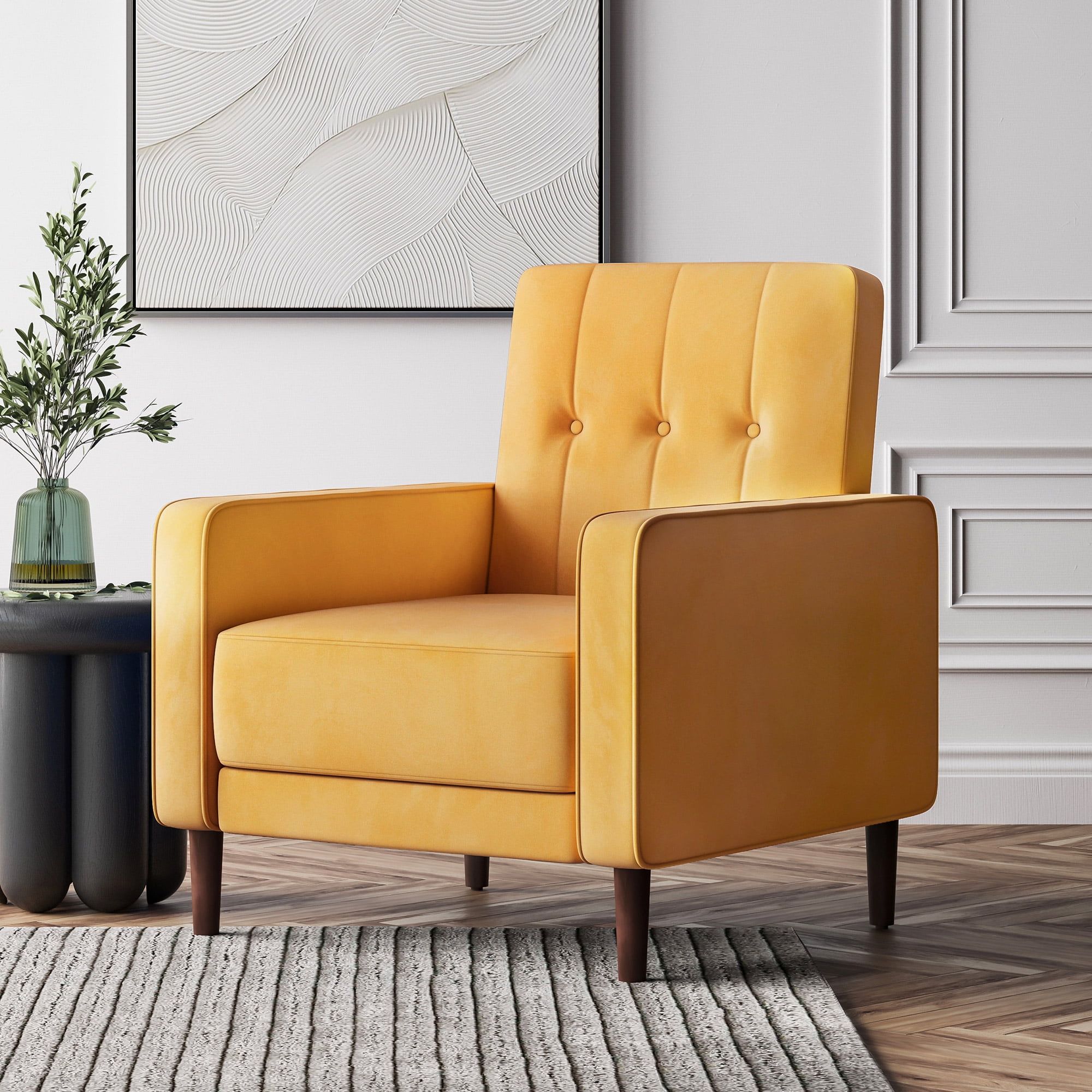 Yellow Velvet Tufted Mid-Century Modern Armchair with Wood Legs