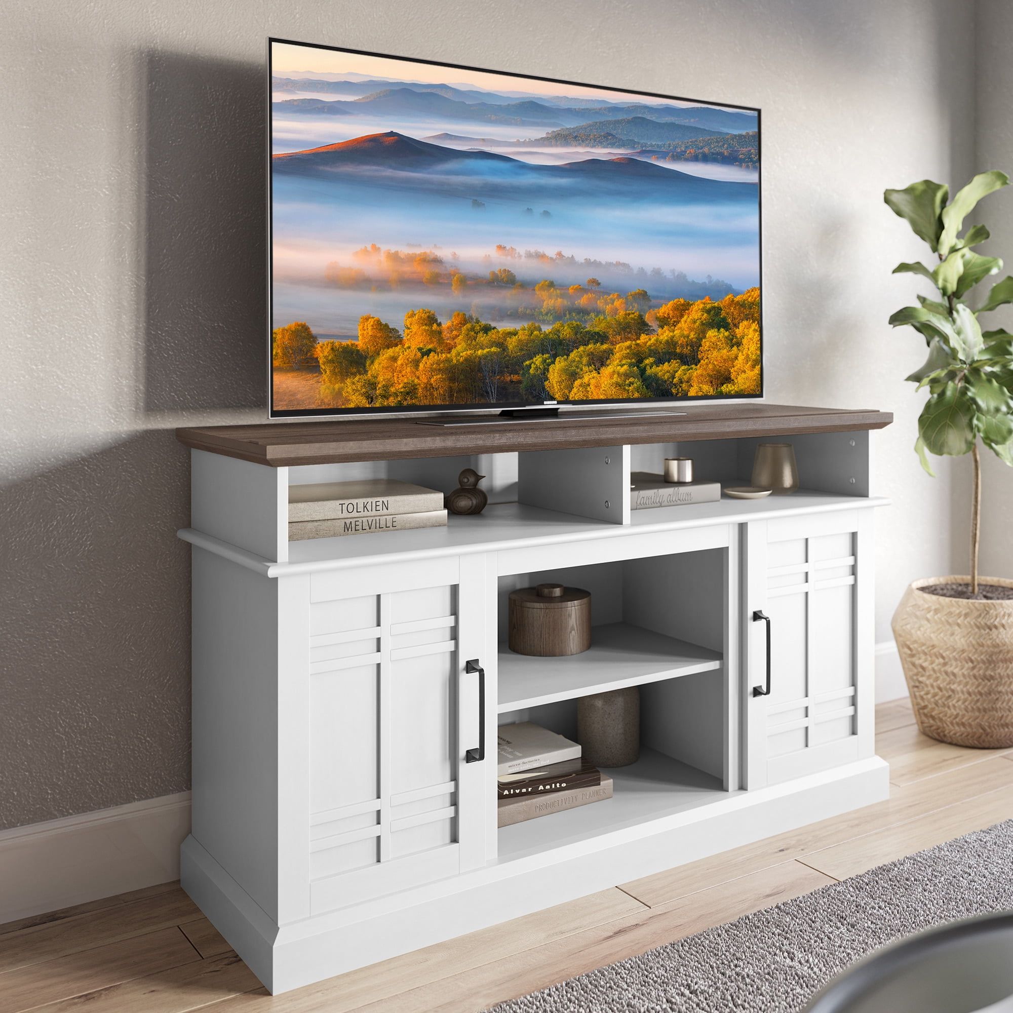 White Farmhouse Wood TV Stand with Open Storage Shelves