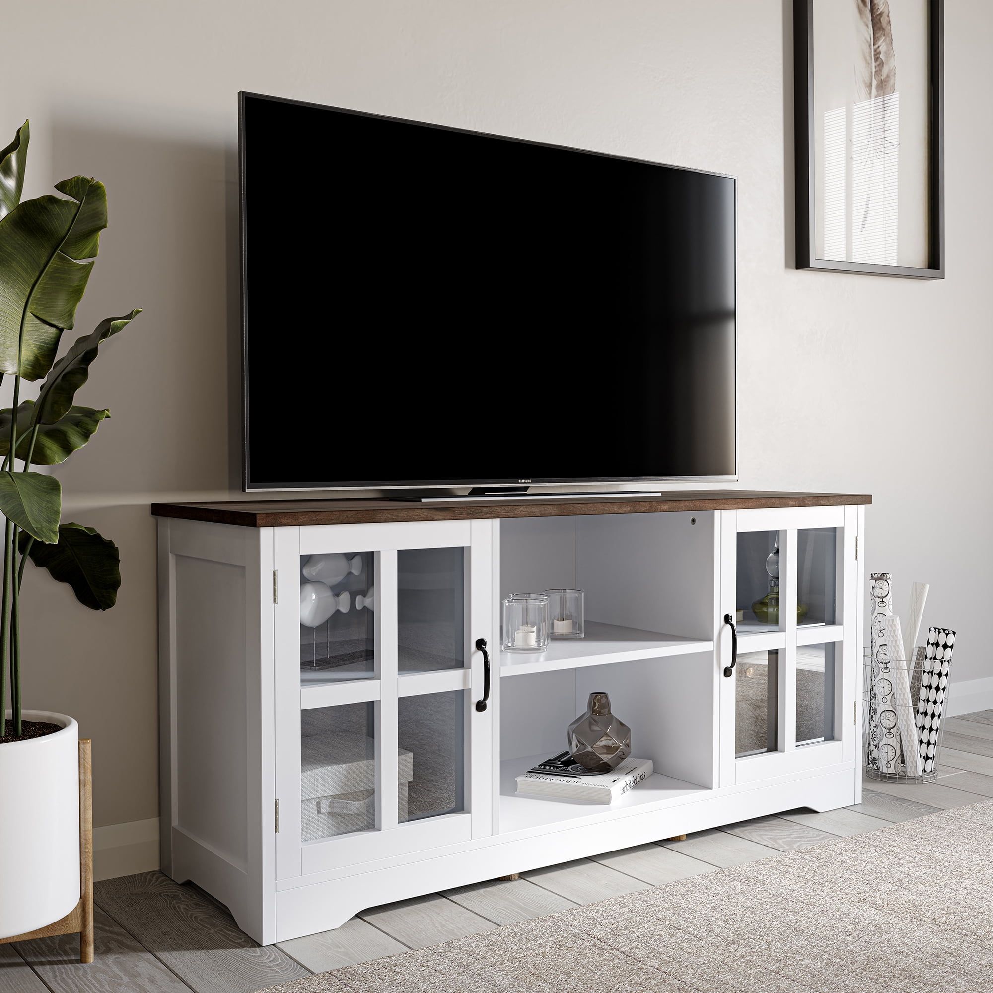 White and Brown 52 Inch Cottage Style TV Stand with Glass Cabinets