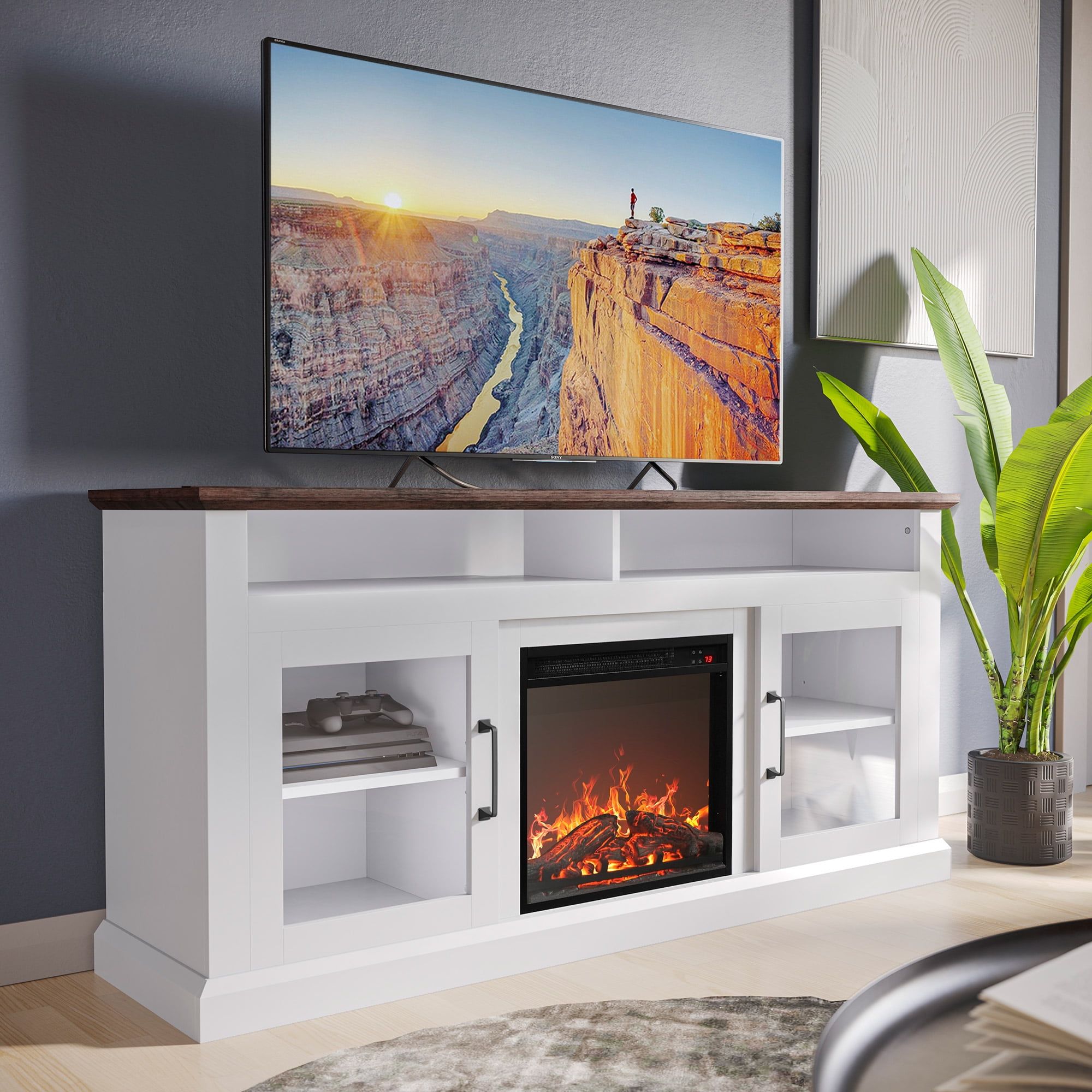 White 60 Inch TV Stand with Electric Fireplace and Storage