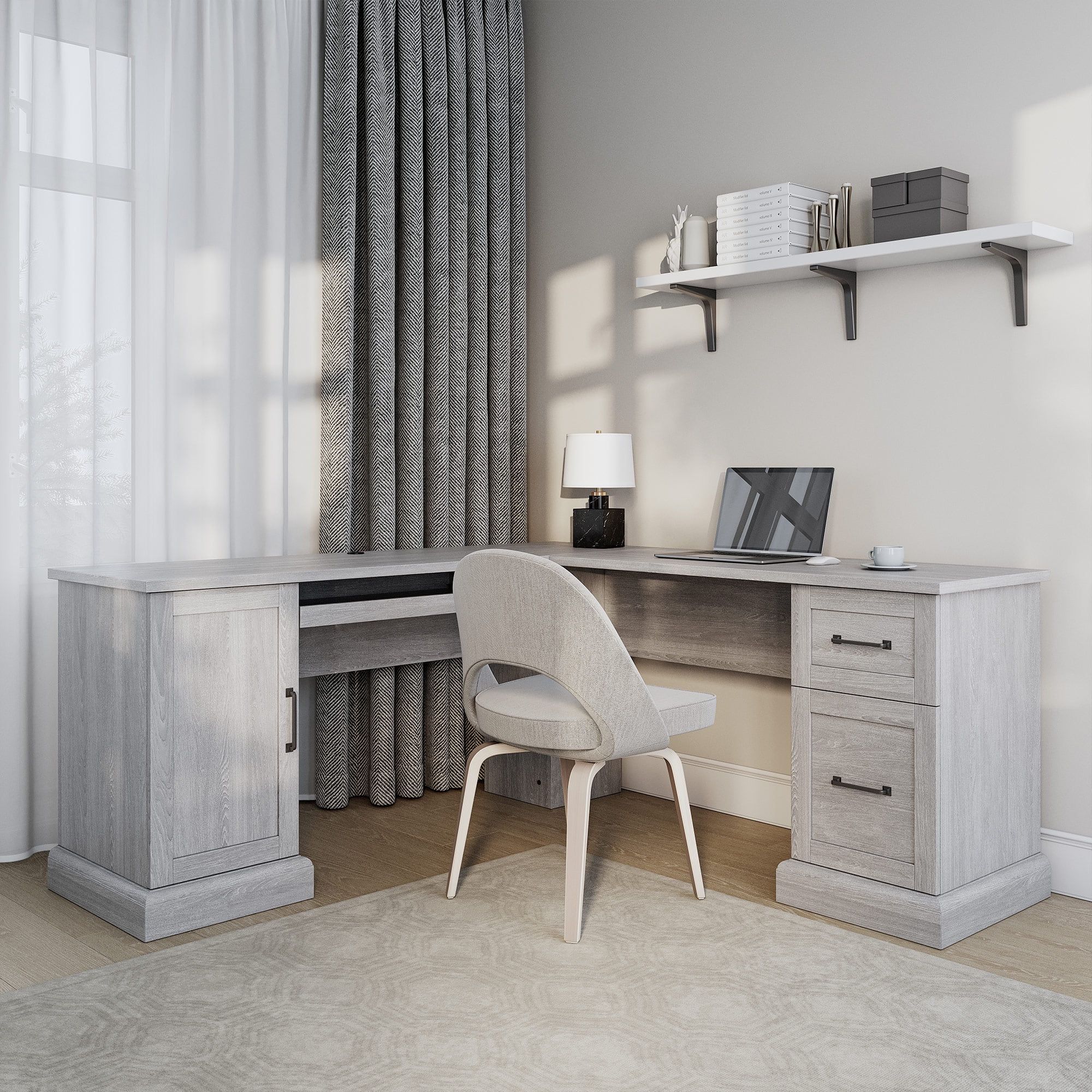 Stone Gray L-Shaped Corner Office Desk with Filing Cabinet and Keyboard Tray