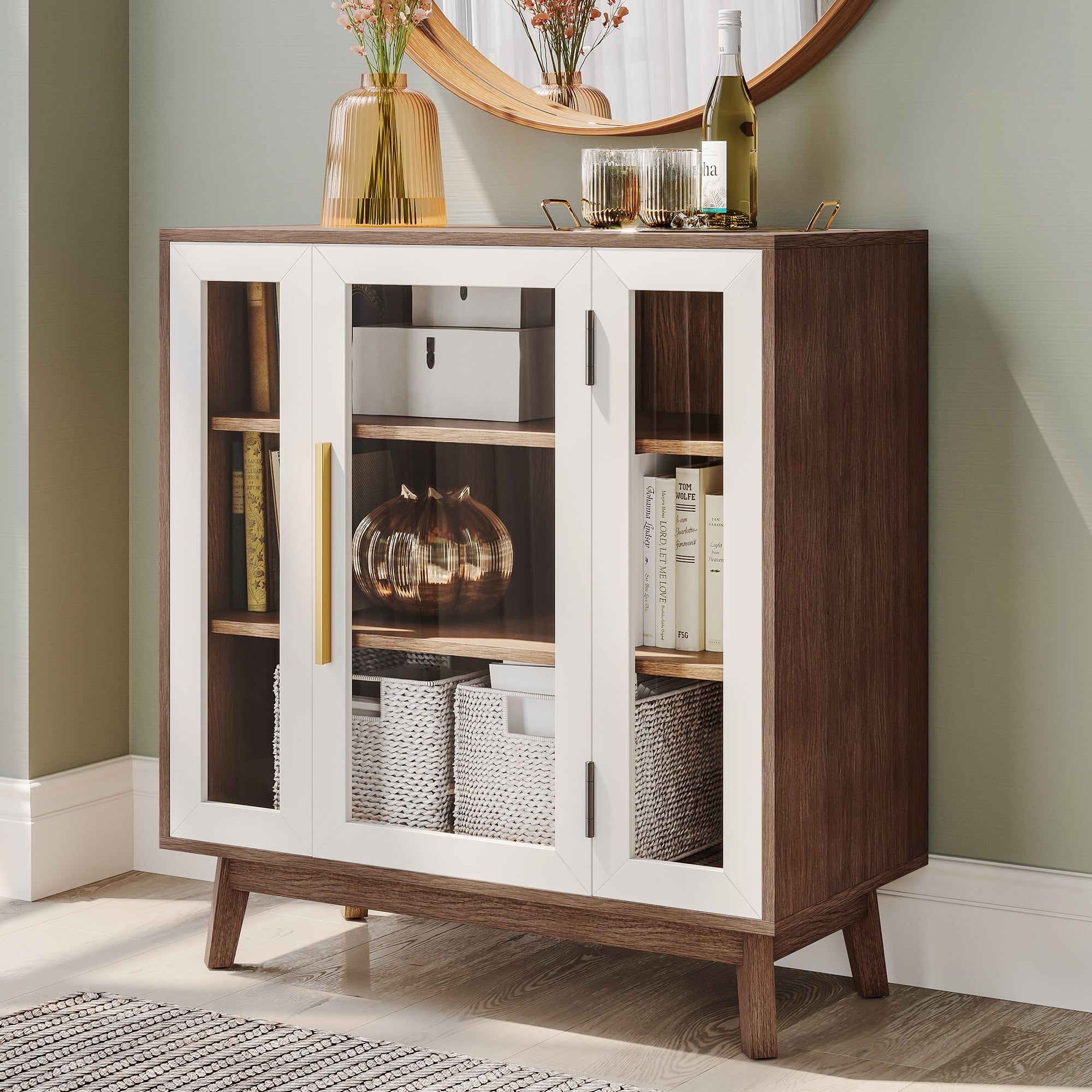 White and Brown Glass Door Curio Cabinet with Gold Hardware