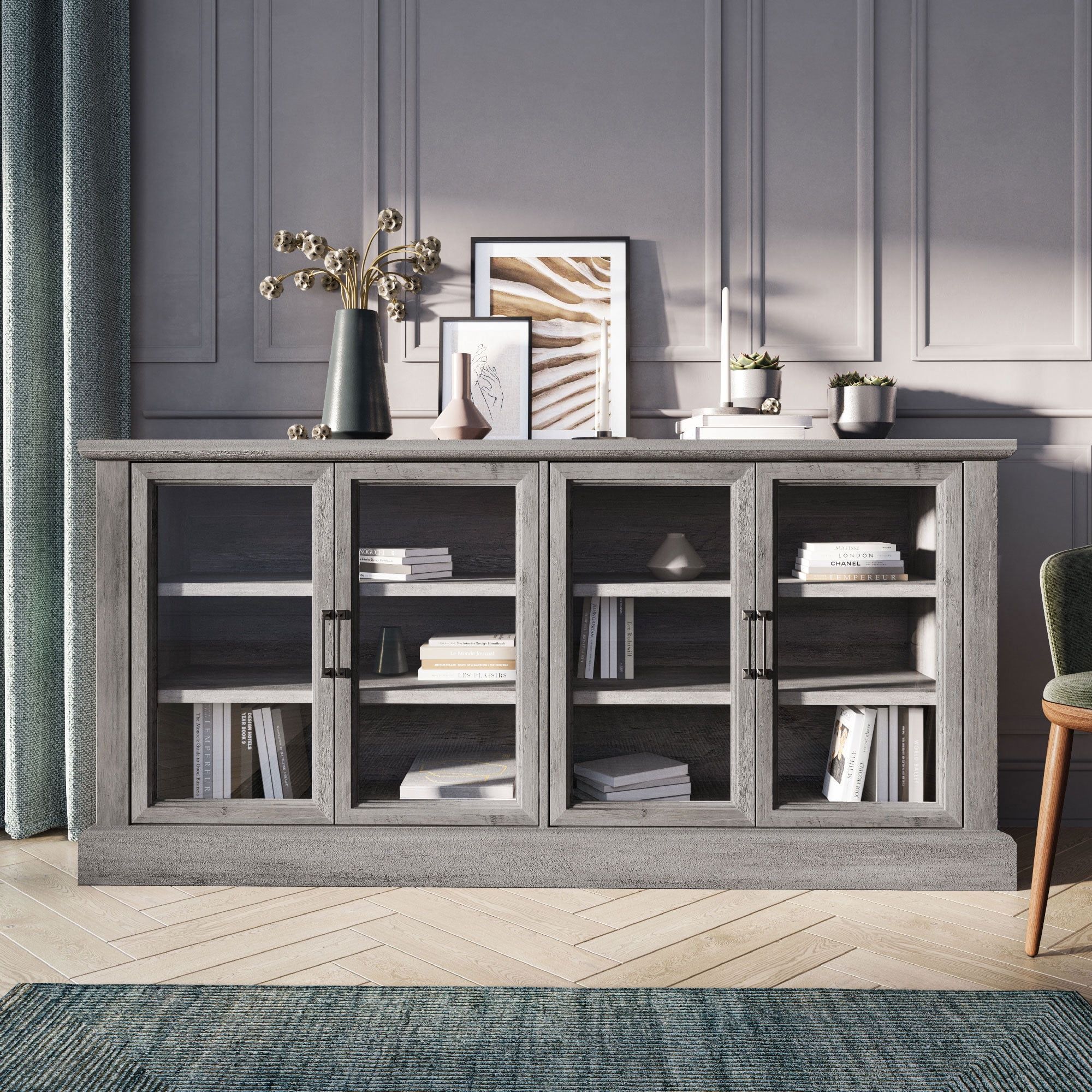 Gray Wash Modern Farmhouse Wood Sideboard Buffet with Glass Doors