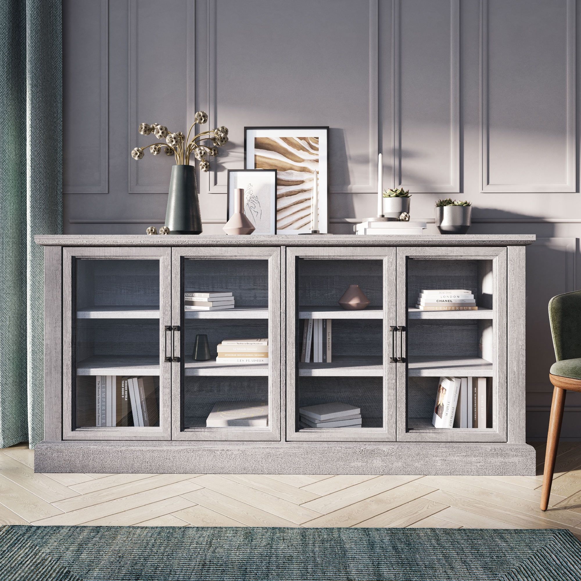 Liam 70" Stone Gray Wood Sideboard with Glass Doors