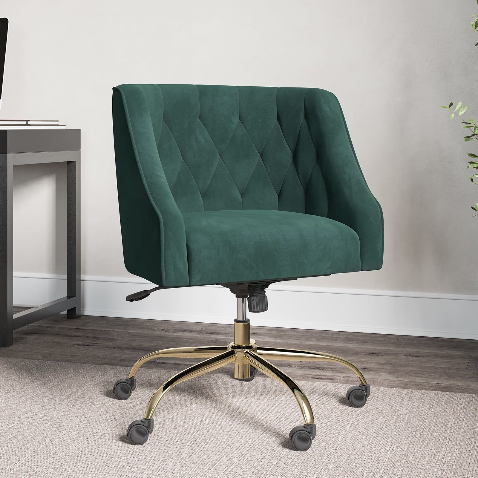 Green Velvet Tufted Swivel Office Chair with Wood Base