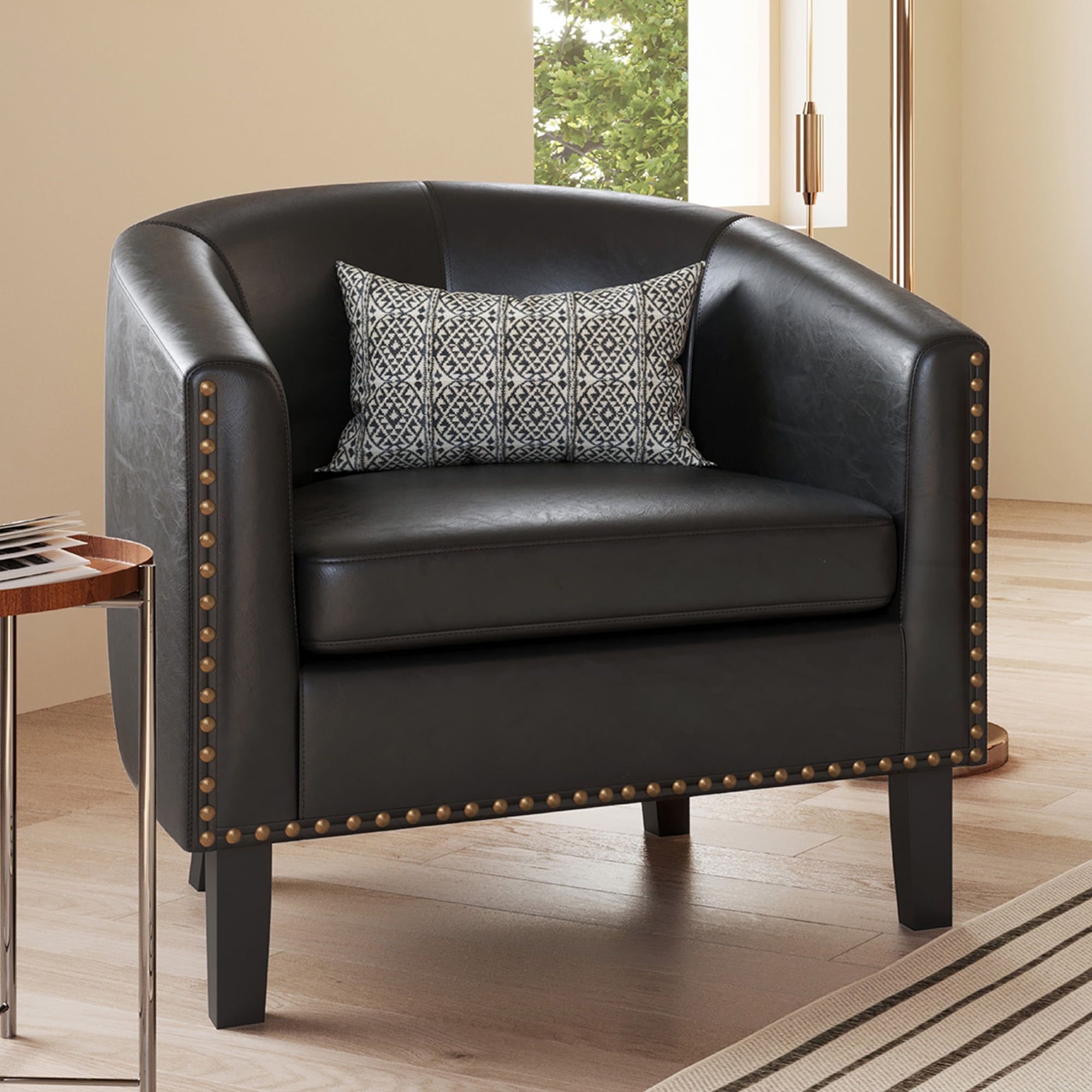 Elegant Dark Brown Faux Leather Barrel Accent Chair with Gold-Tone Trim
