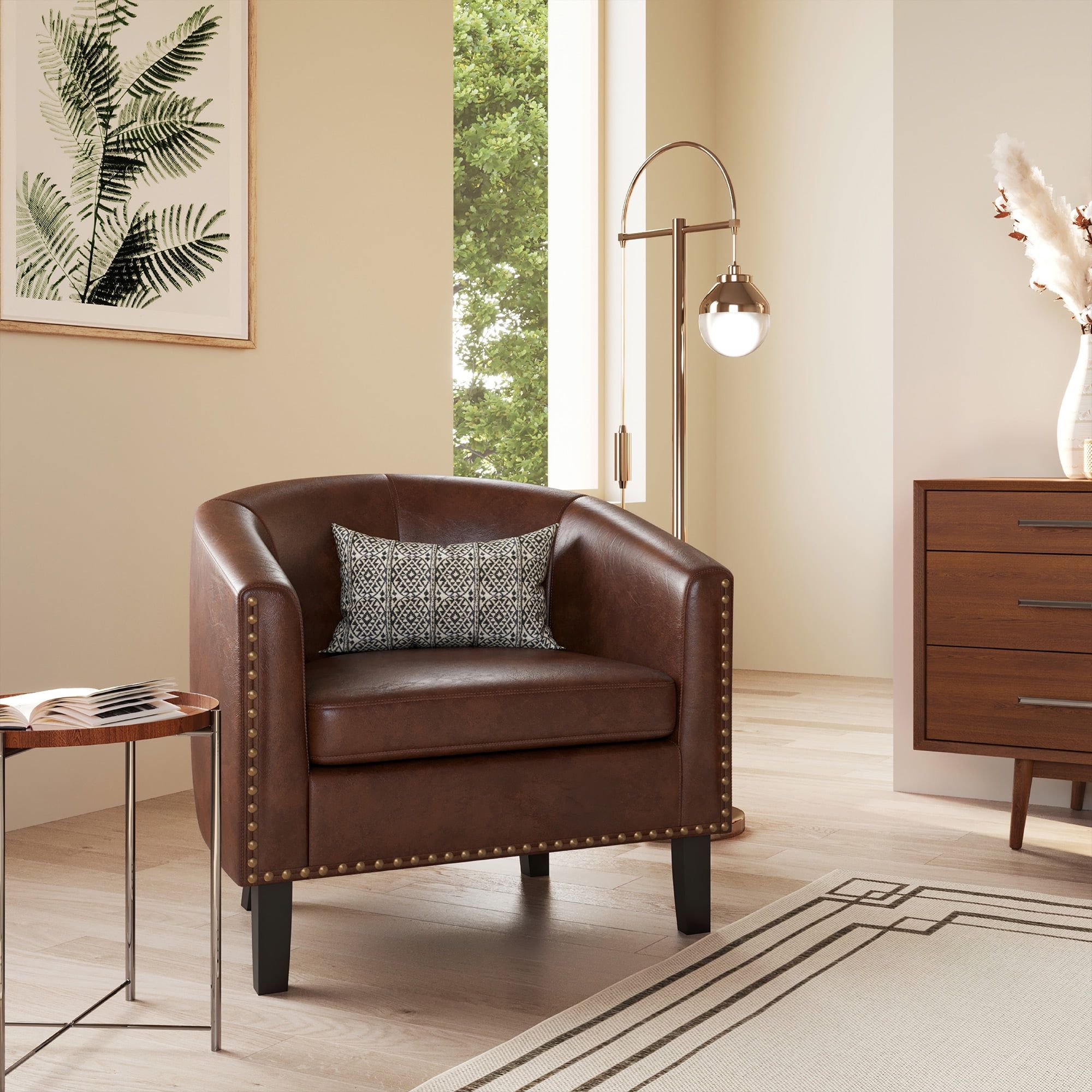 Kyara Modern Brown Faux Leather Barrel Accent Chair