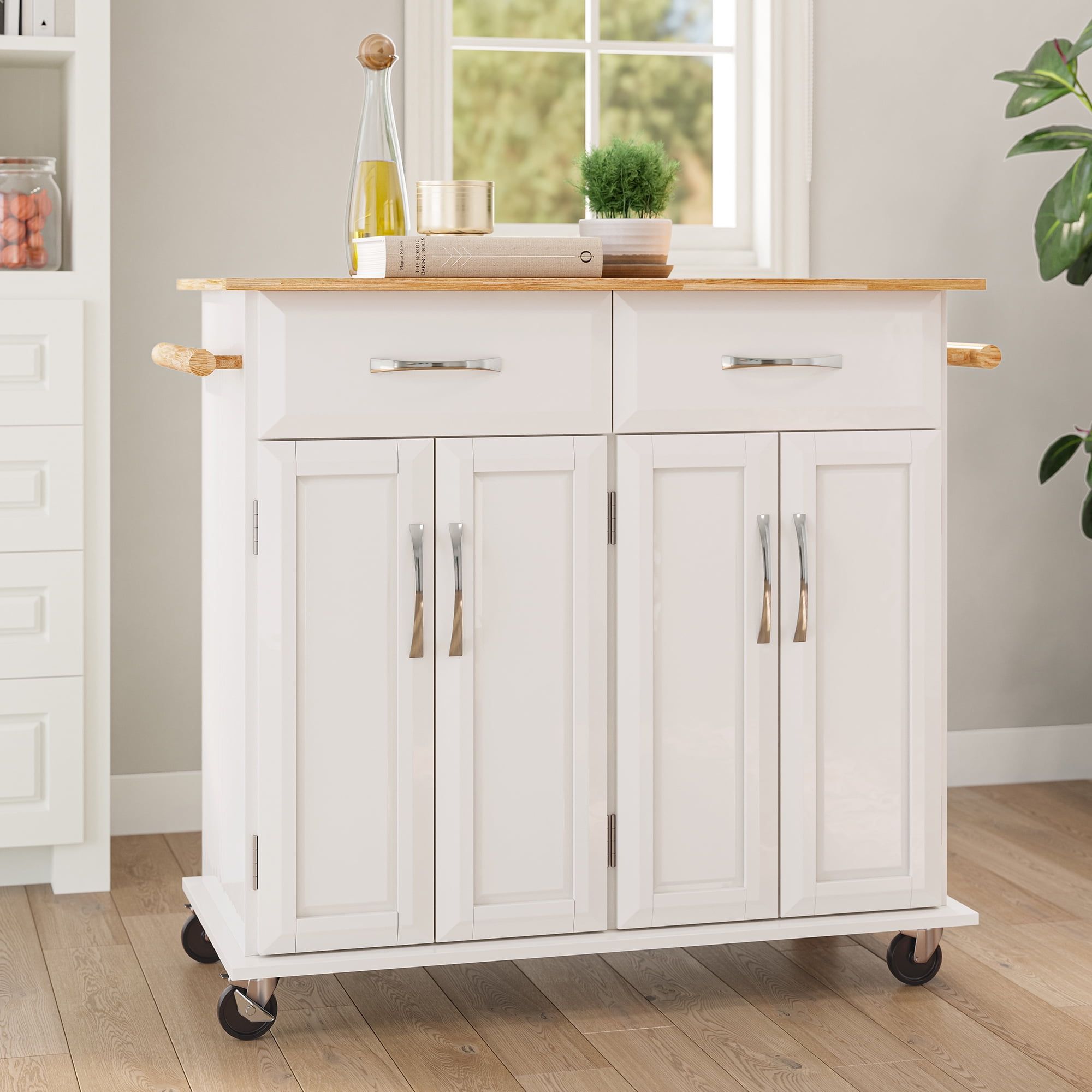 White Wood Rolling Kitchen Cart with Storage and Drawers