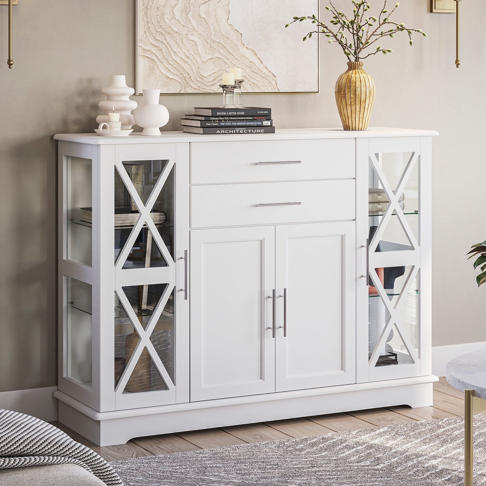 White MDF and Glass 47" Storage Sideboard Buffet Cabinet