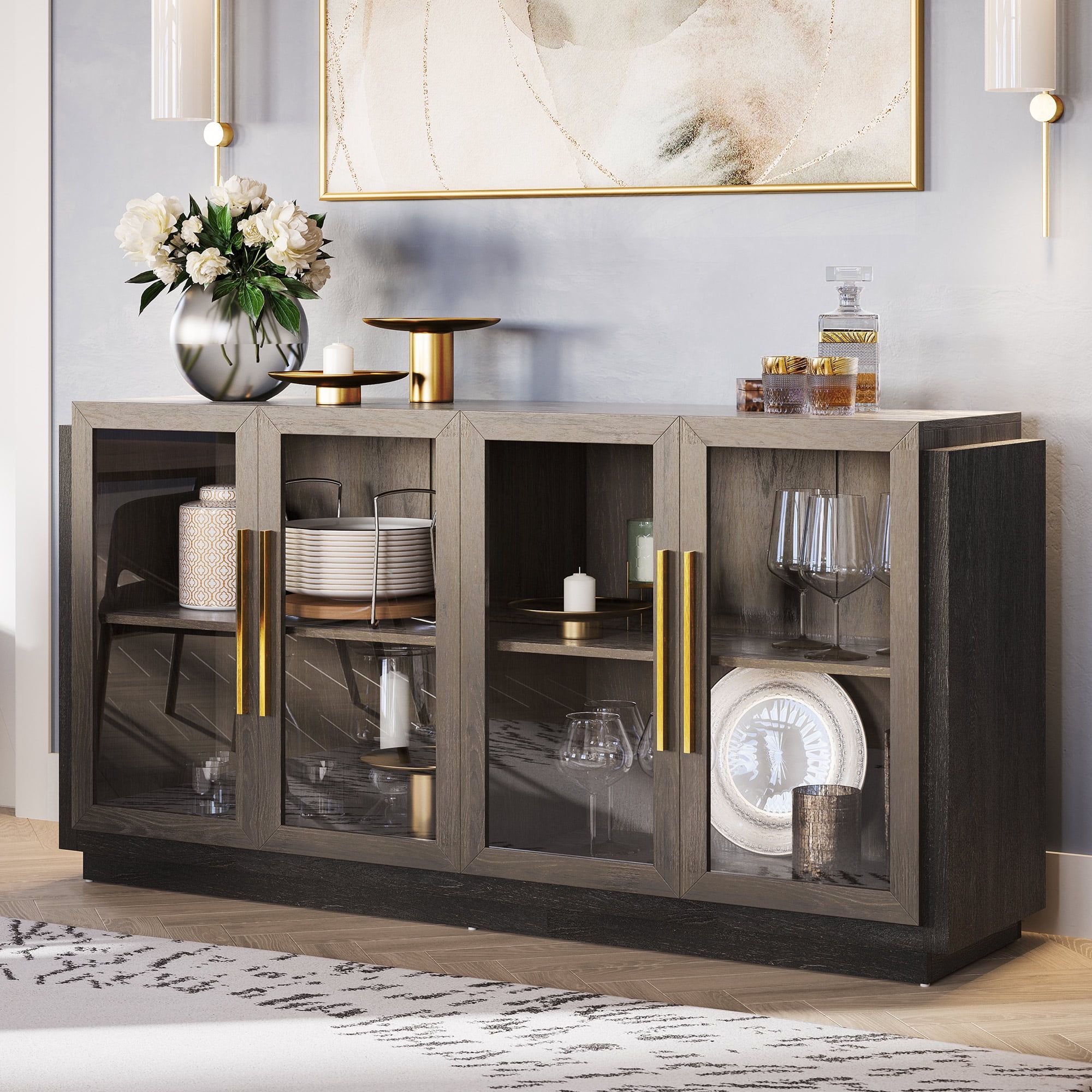 Brown Wood Buffet Sideboard with Glass Doors and Gold Handles