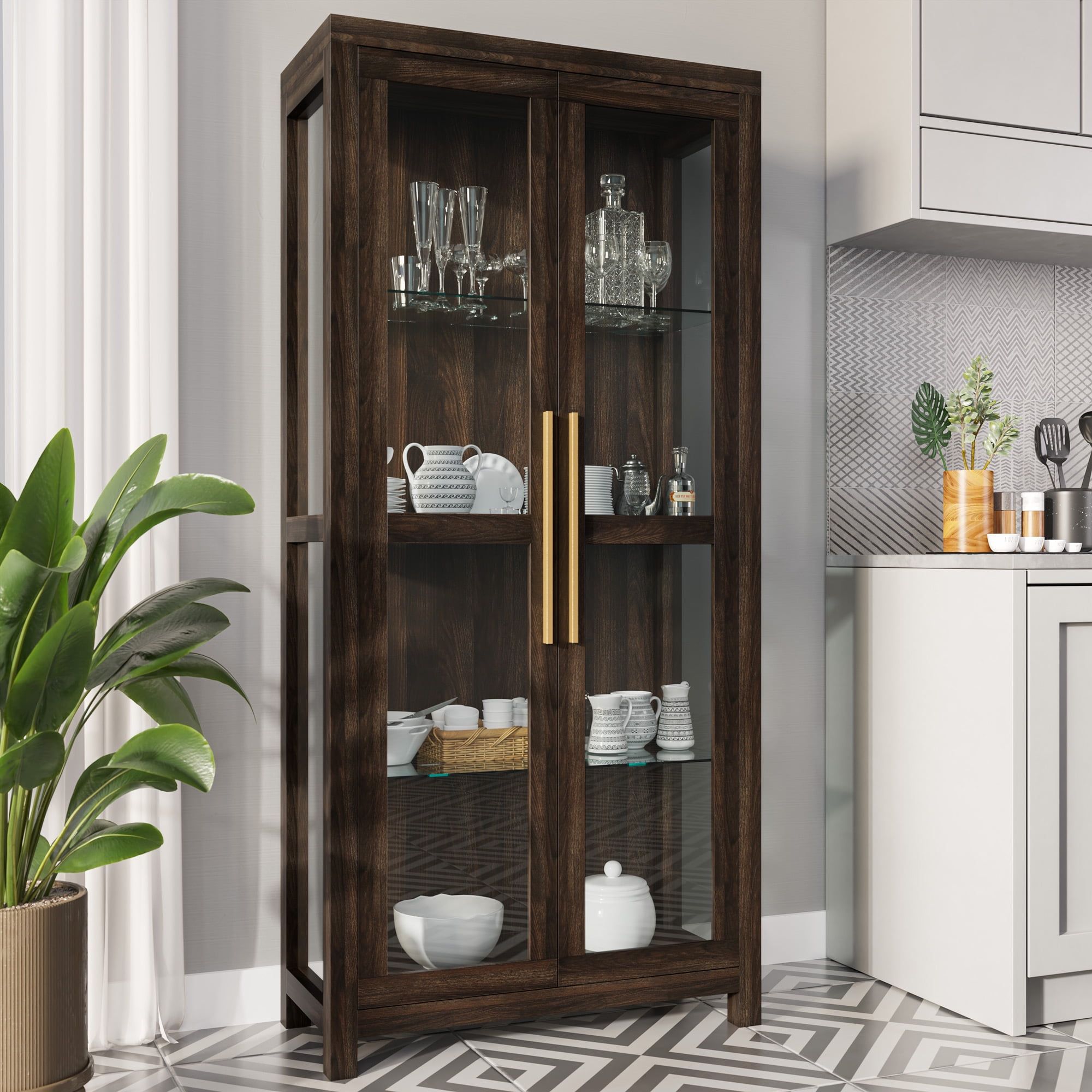 Tall Dark Walnut Curio Cabinet with Tempered Glass Doors