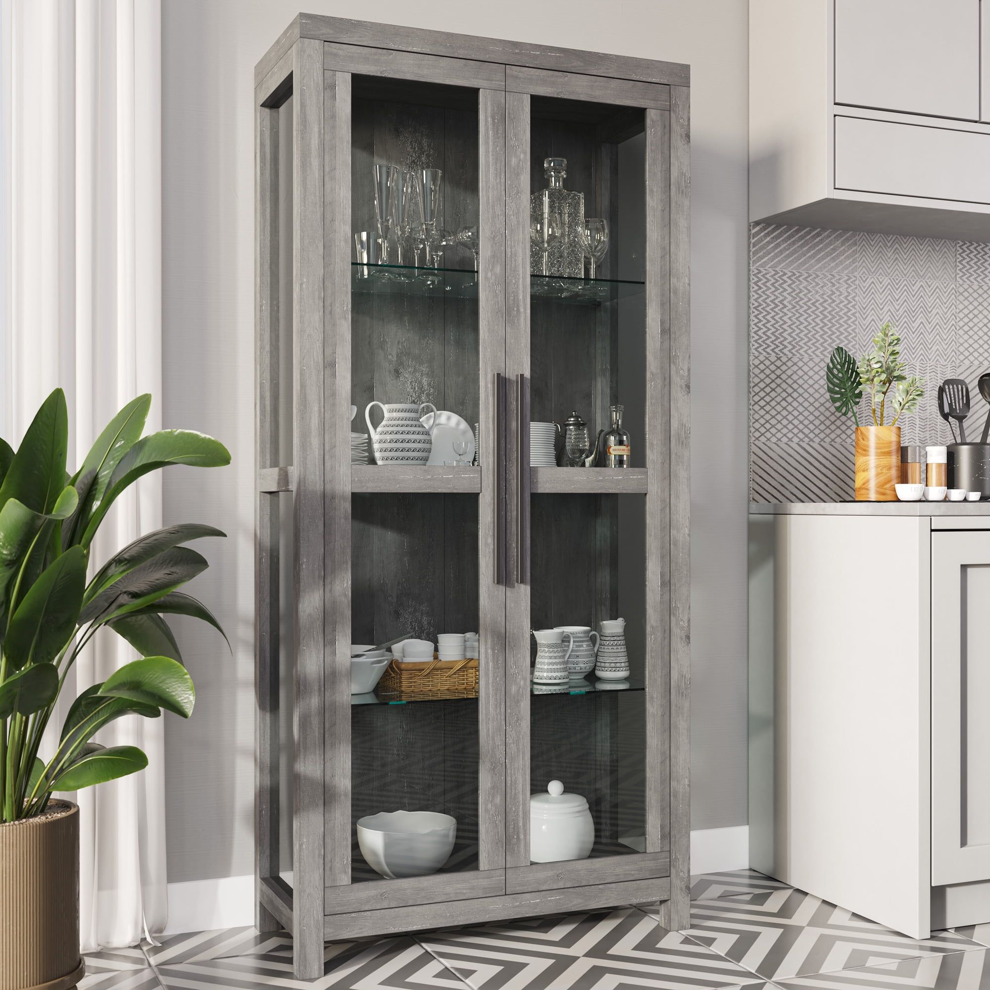 Gray Wash Tall Curio Cabinet with Tempered Glass Doors