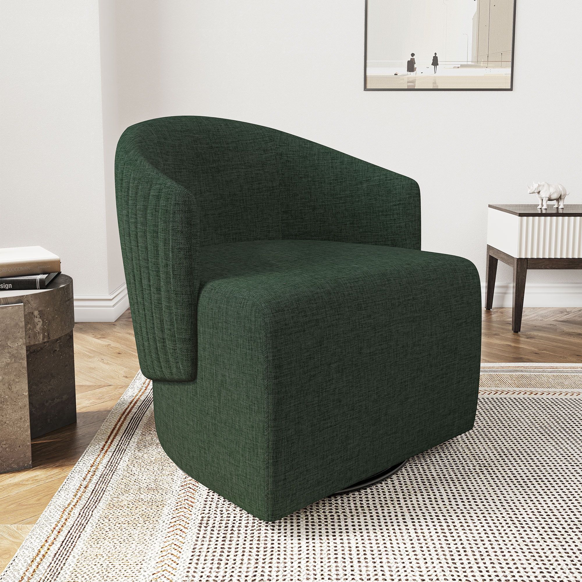 Green Linen Barrel Swivel Accent Chair