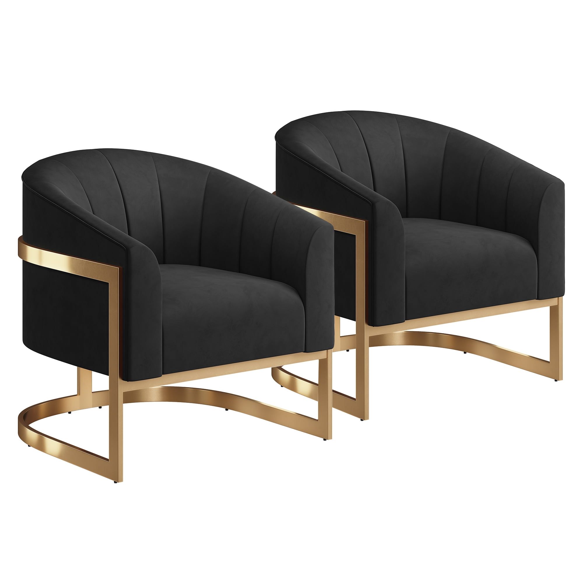 Black Velvet Barrel Accent Chair with Gold Metal Base, Set of 2