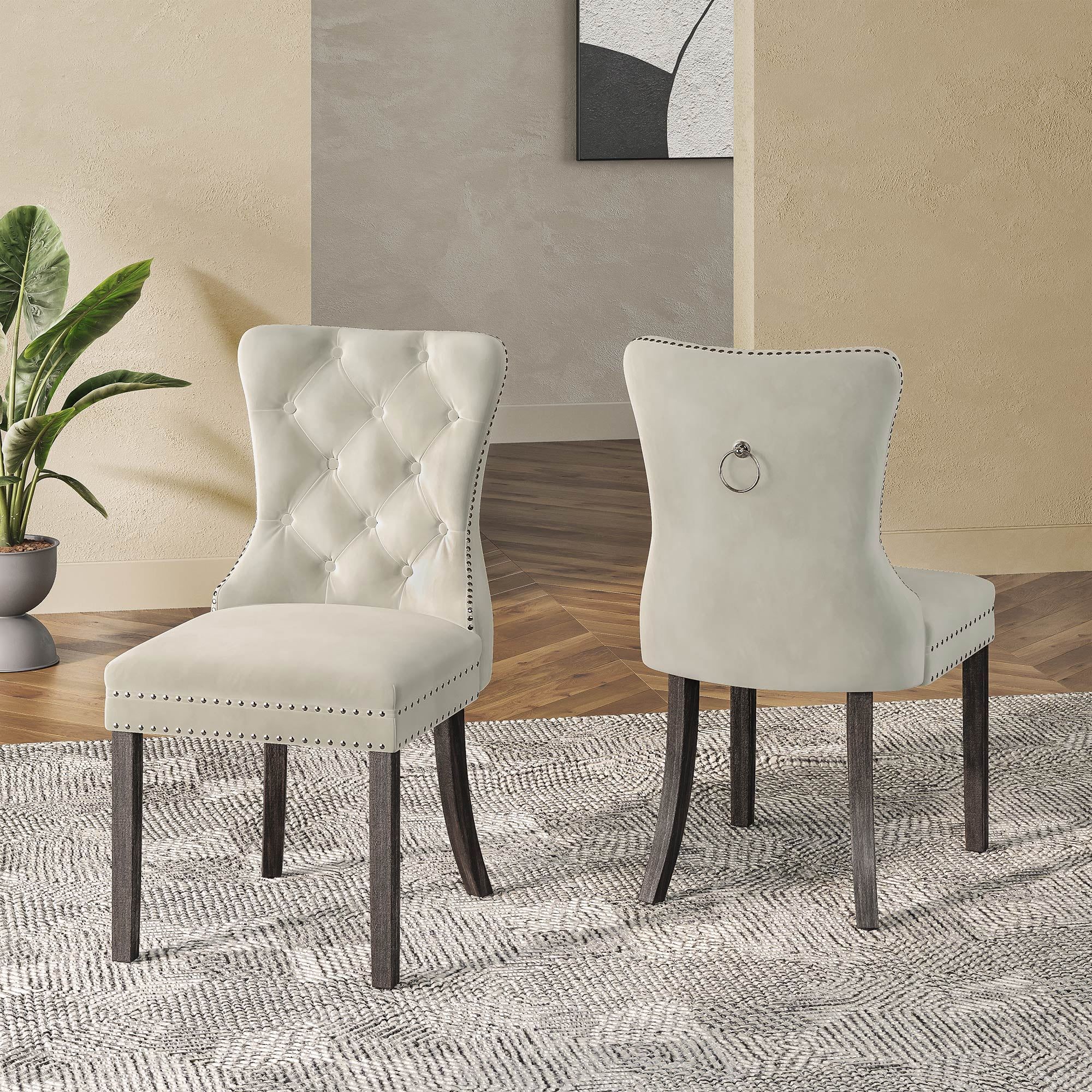 Beige Velvet Upholstered Side Chair with Wood Legs