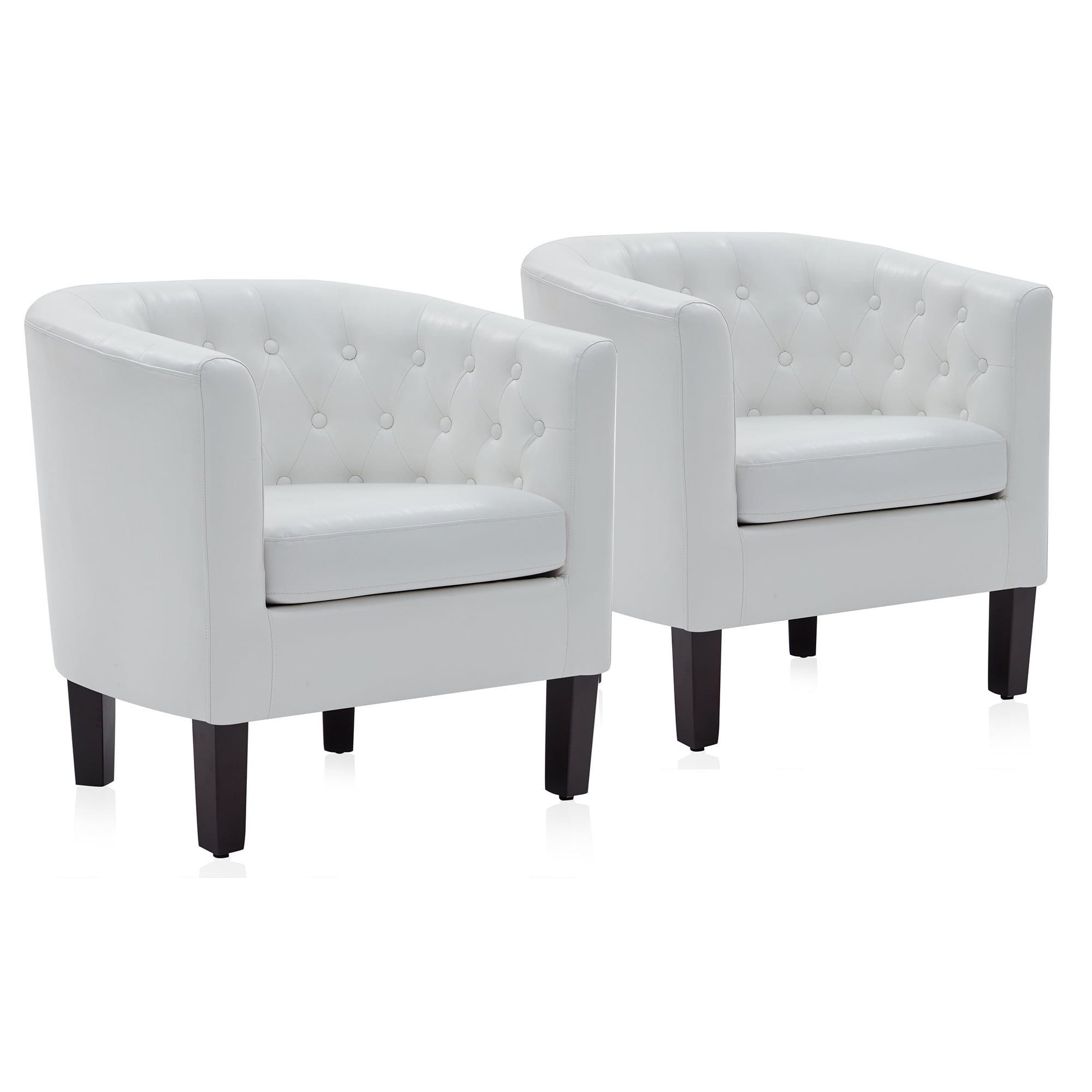 White Faux Leather Barrel Accent Chairs with Wood Legs, Set of 2