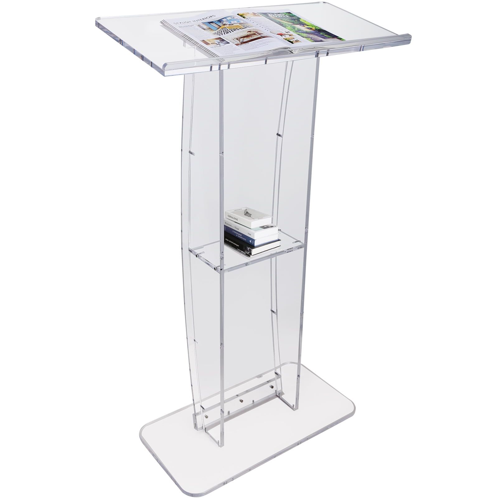 Clear Acrylic Rolling Podium Stand with Storage Shelf, 47"H