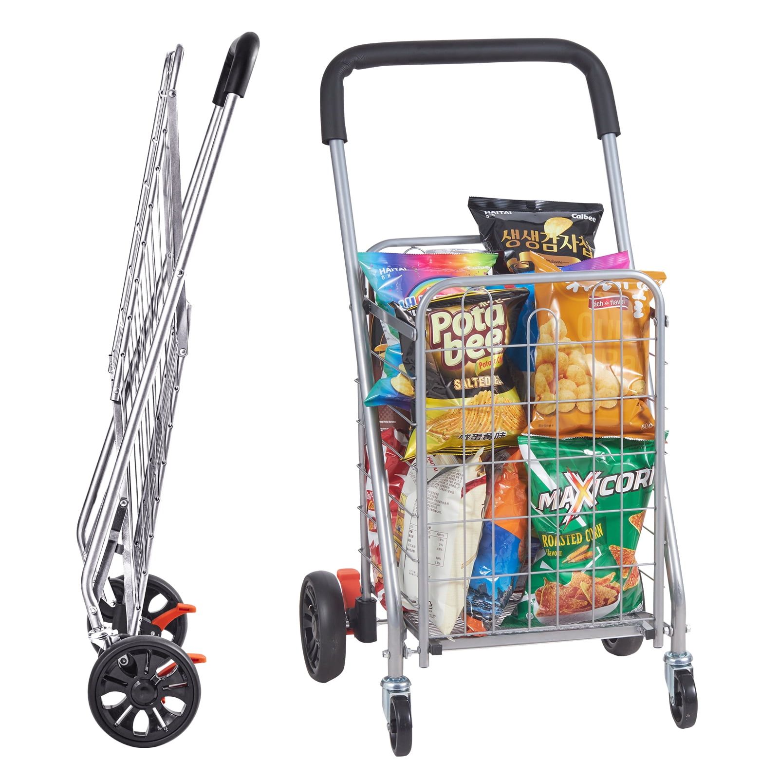 Silver Foldable Utility Shopping Cart with Swivel Wheels