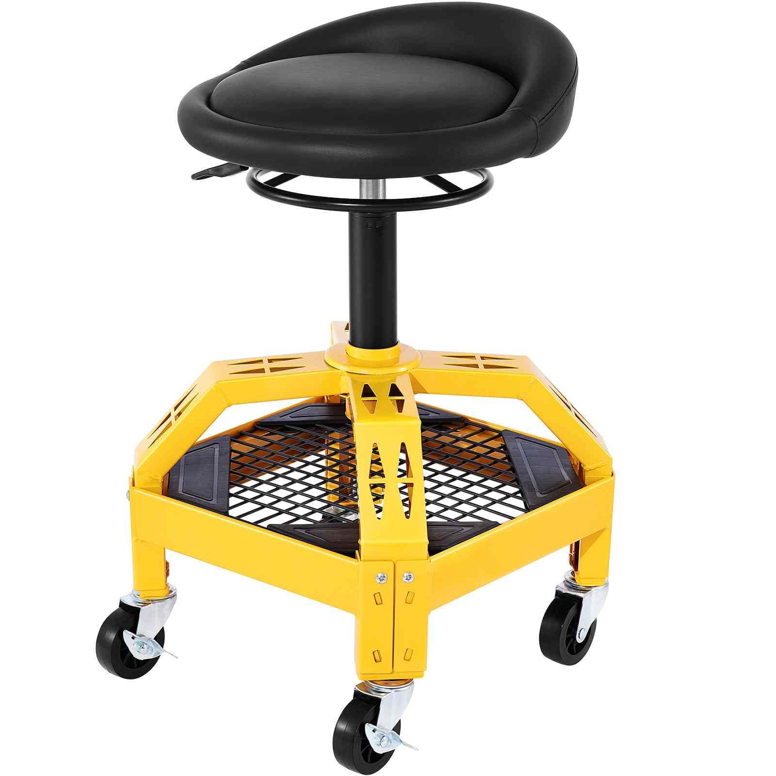 Adjustable Yellow Steel Garage Stool with Black Leather Seat