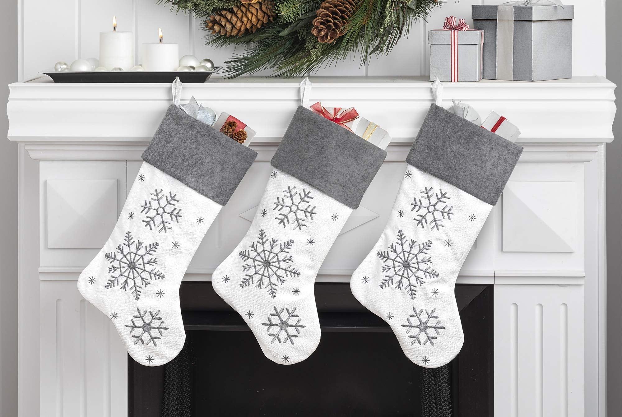 Set of 3 Gray Cable Knit Christmas Stockings with Ivory Pom Poms